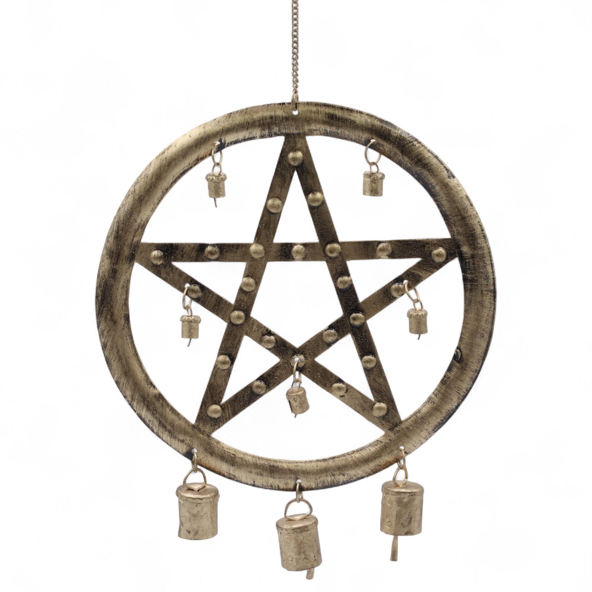 Decorative pentacle with hanging bells on a white background