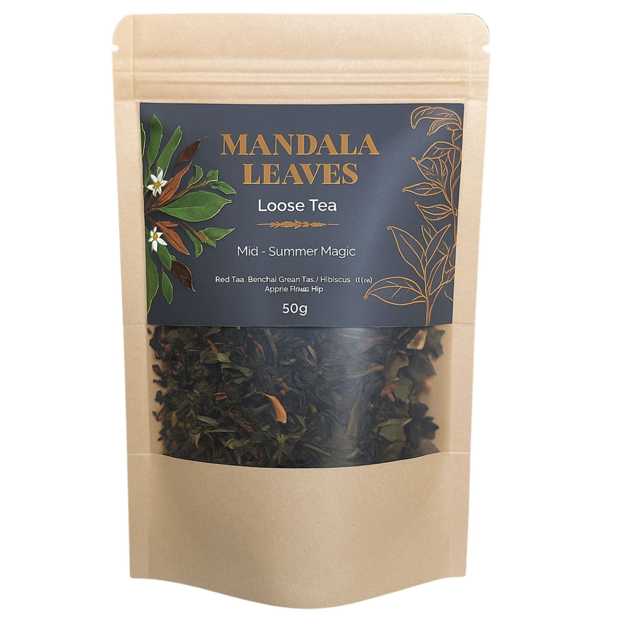 Mandala Leaves loose tea package with a blue label on a white background