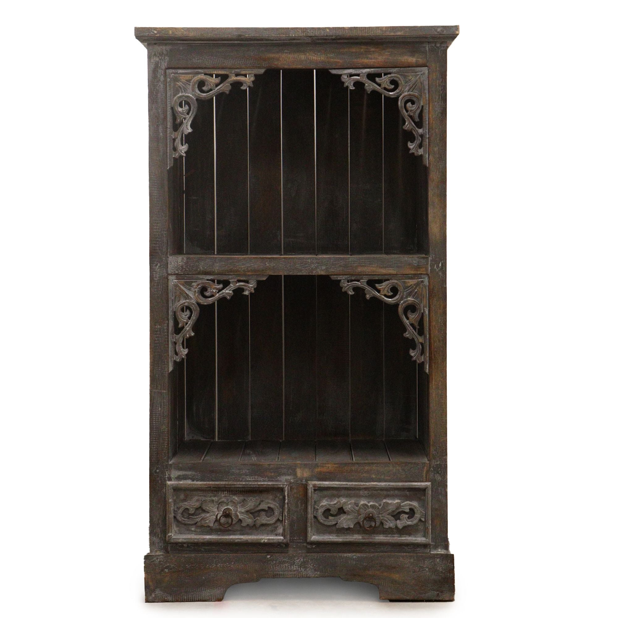 Vintage wooden cabinet with intricate carvings on a white background