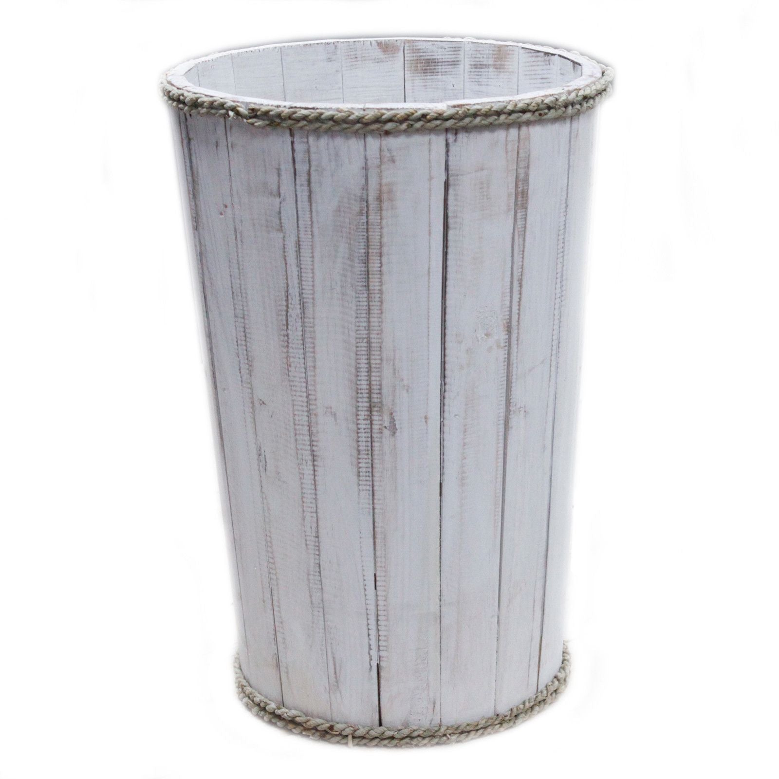 Decorative trash bin with a rustic wooden design on a white background