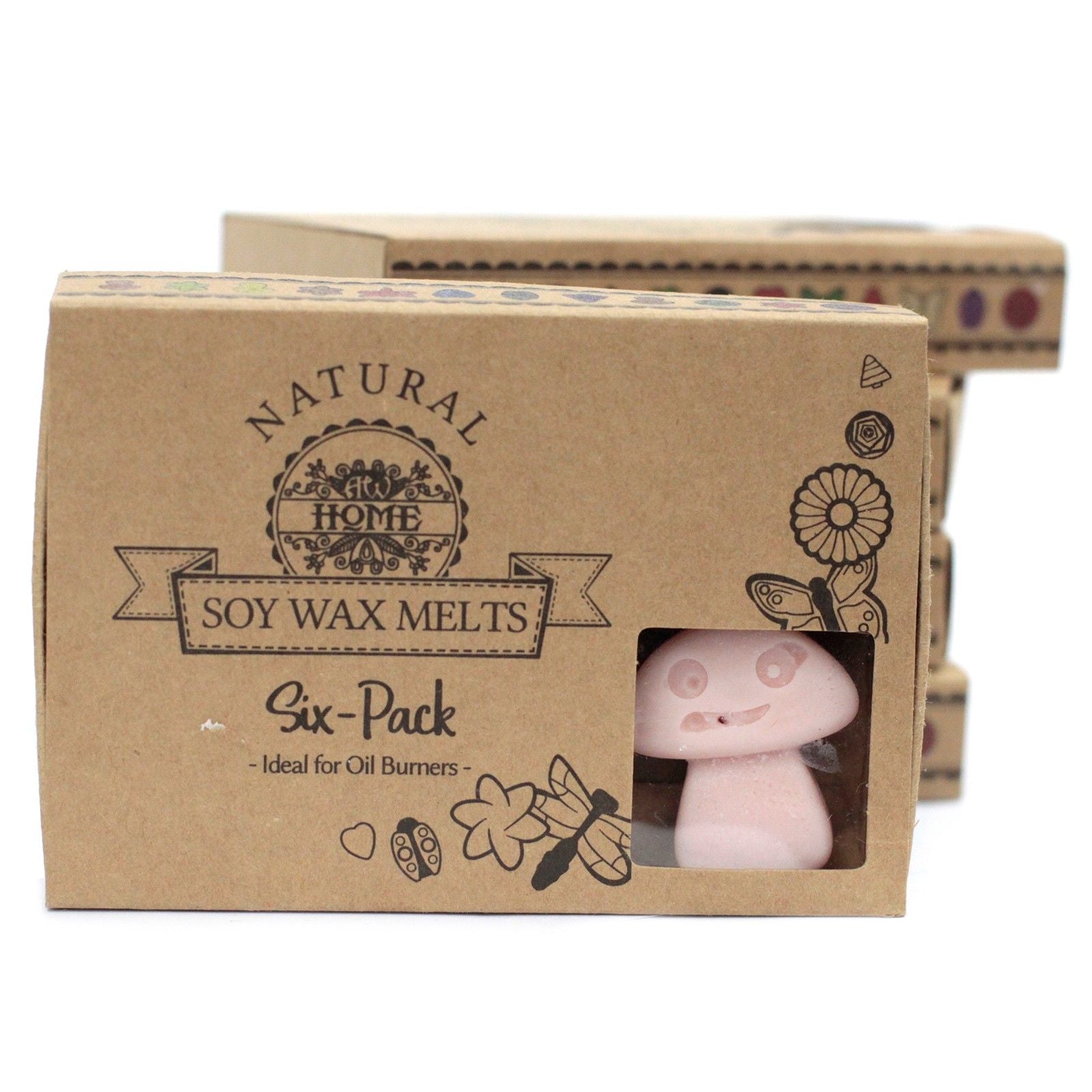 Box of Natural Home soy wax melts with a pink candle inside on a white background