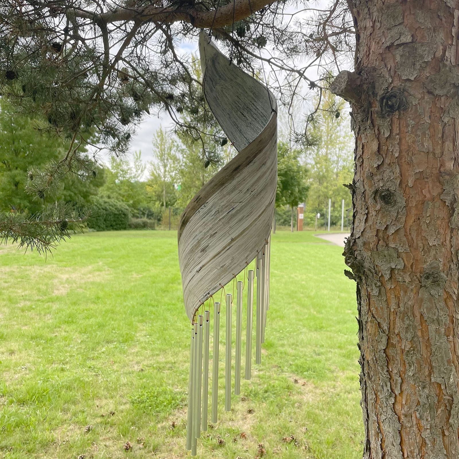 Wooden chime hanging from a tree in a park setting