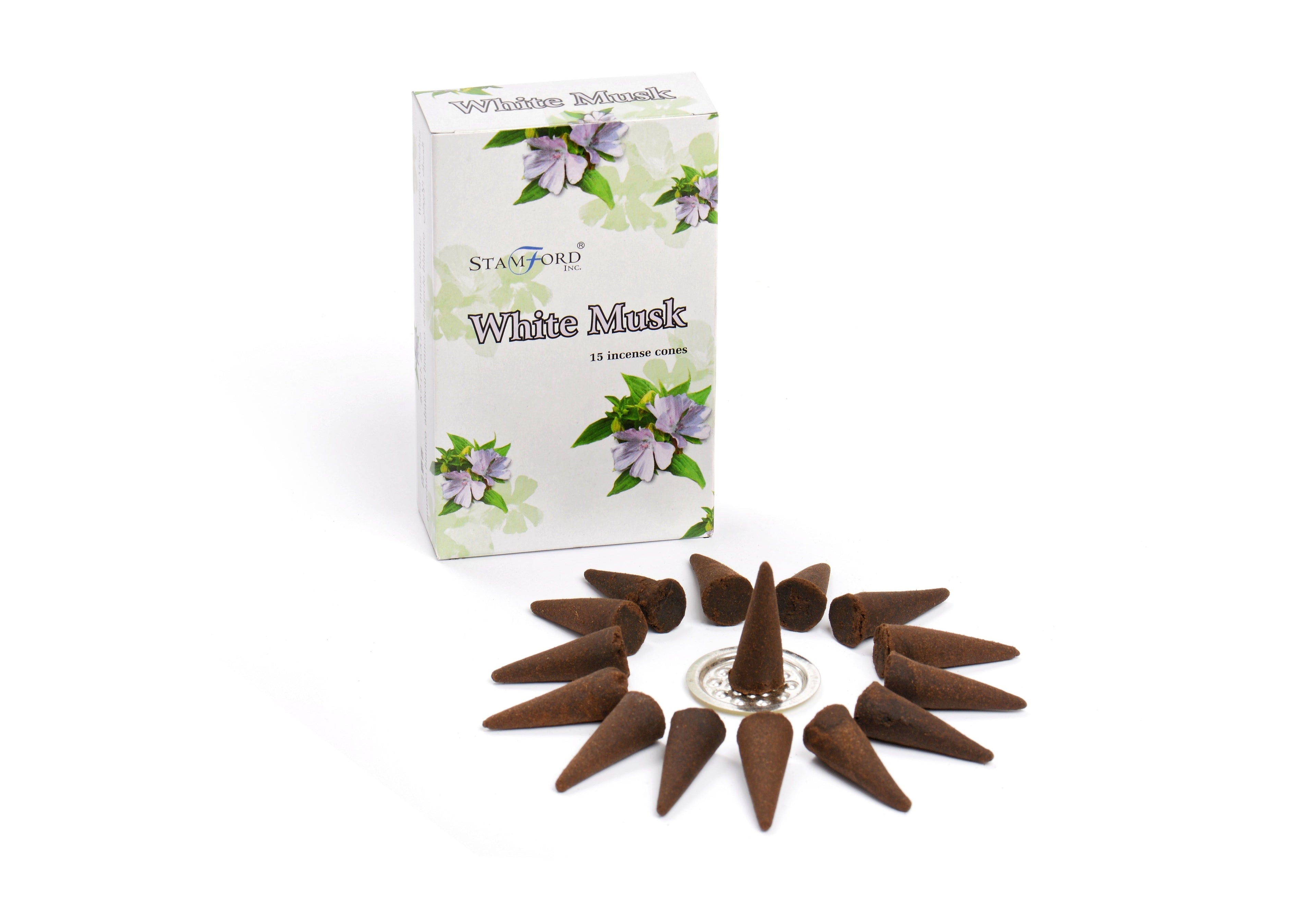 White Musk incense cones with packaging on a white background