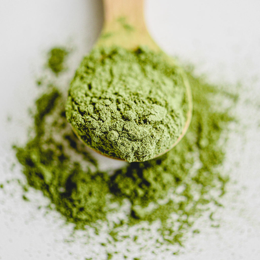 Wooden spoon filled with green powder on a white background