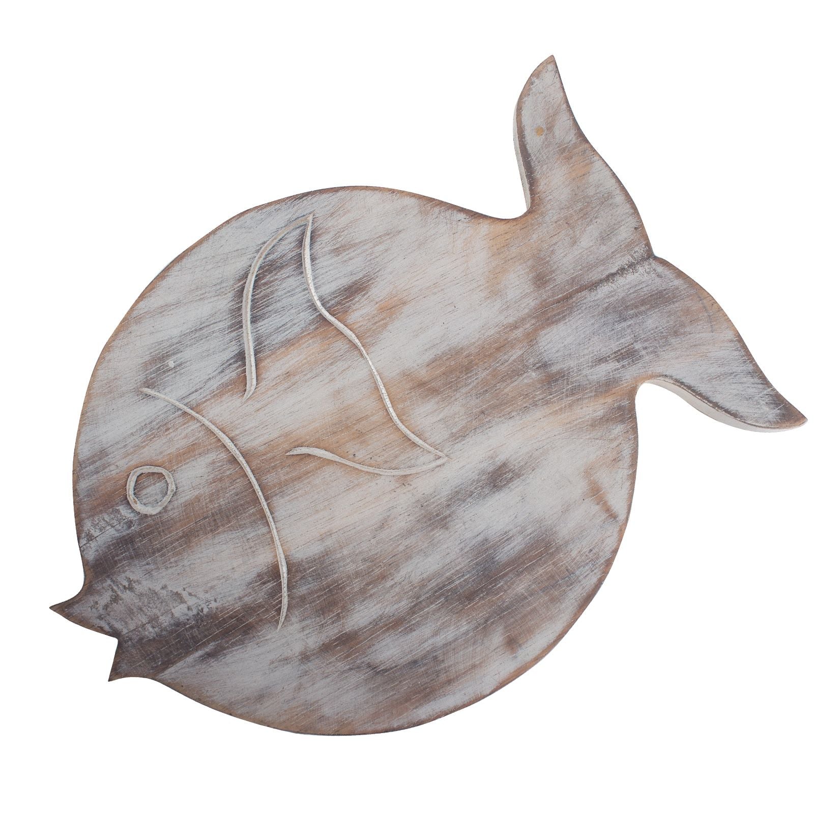 Wooden fish-shaped cutting board with a rustic finish on a white background