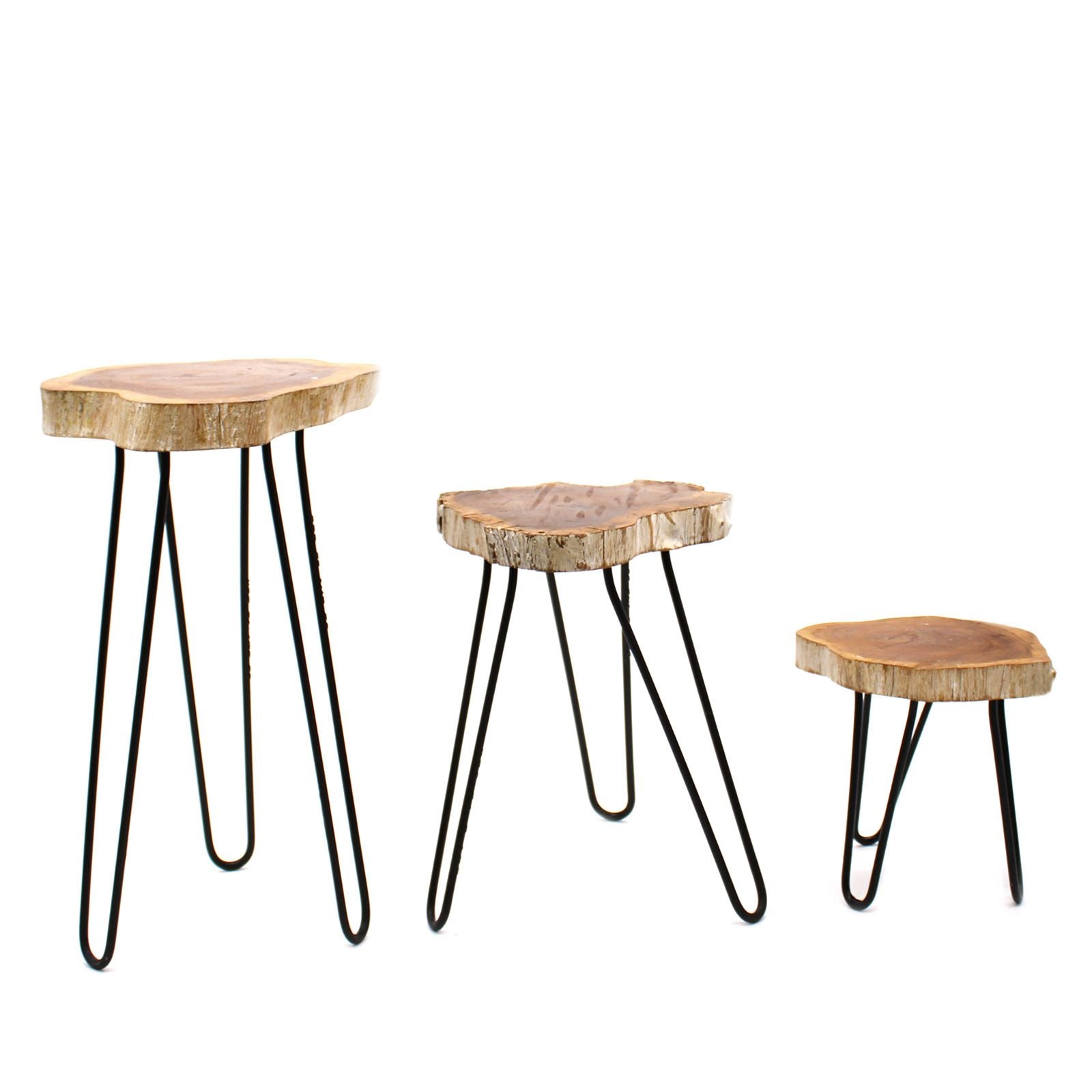Three wooden stools with metal legs on a white background