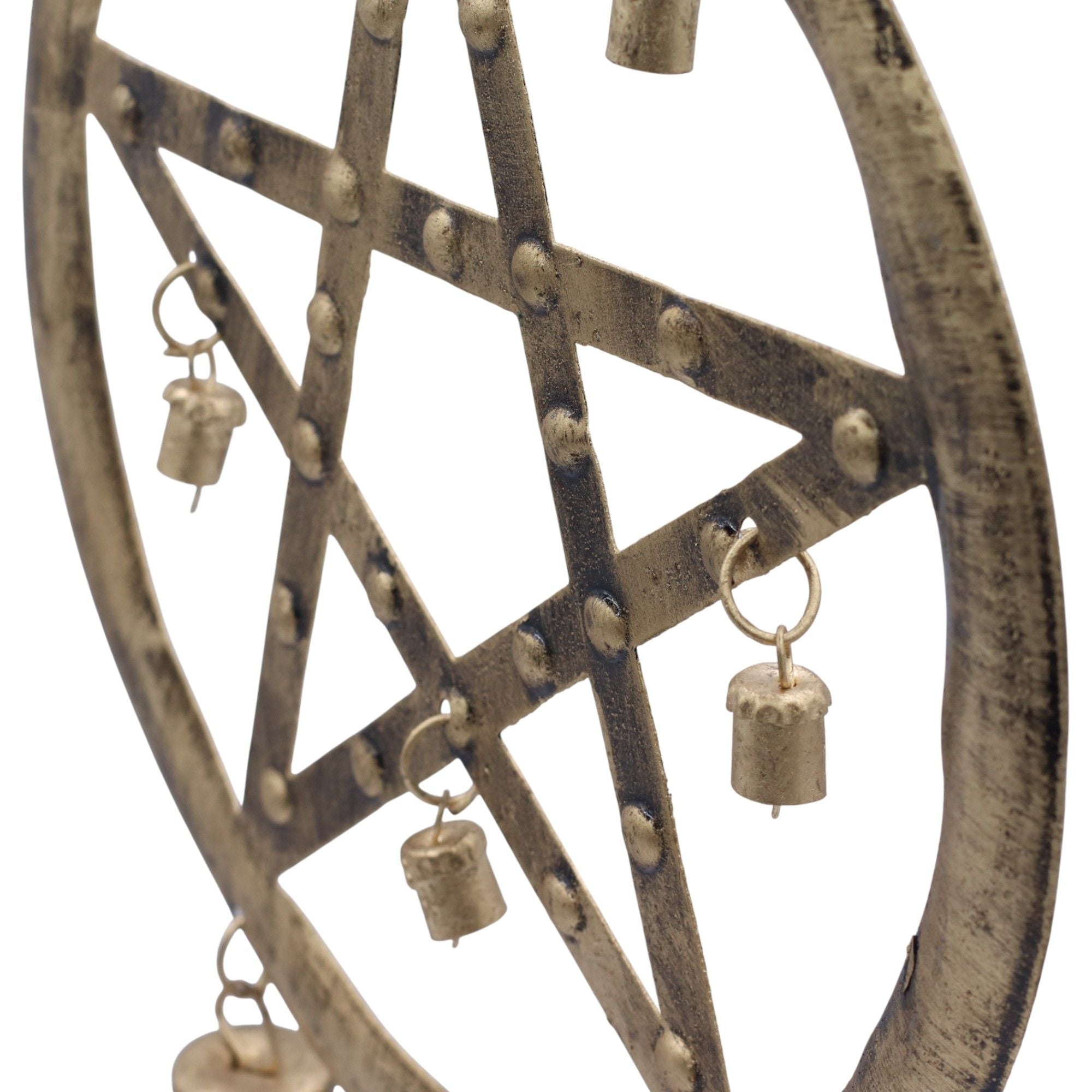 Decorative metal wheel with hanging cylindrical pendants on a white background