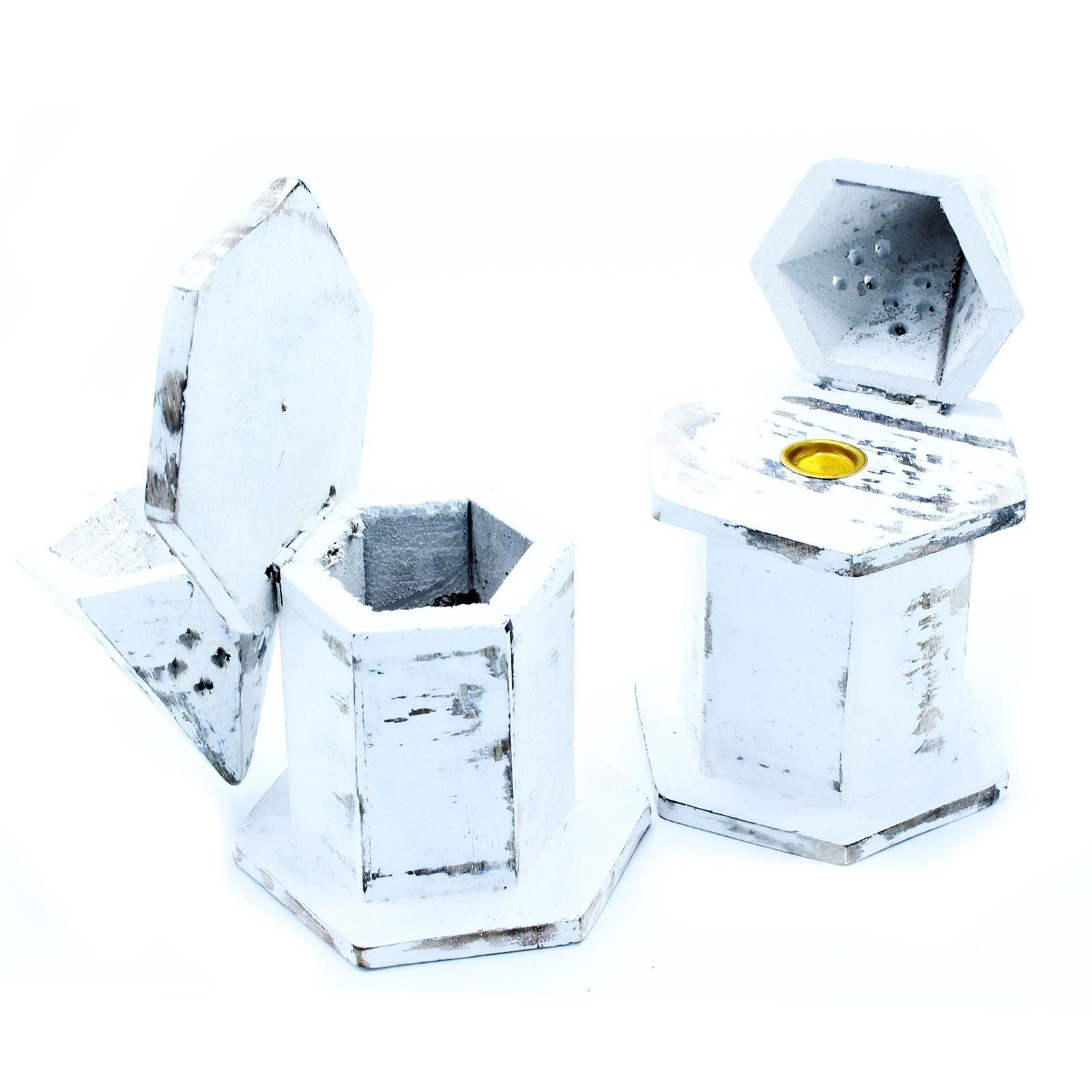 Two hexagonal crystal containers on a white background