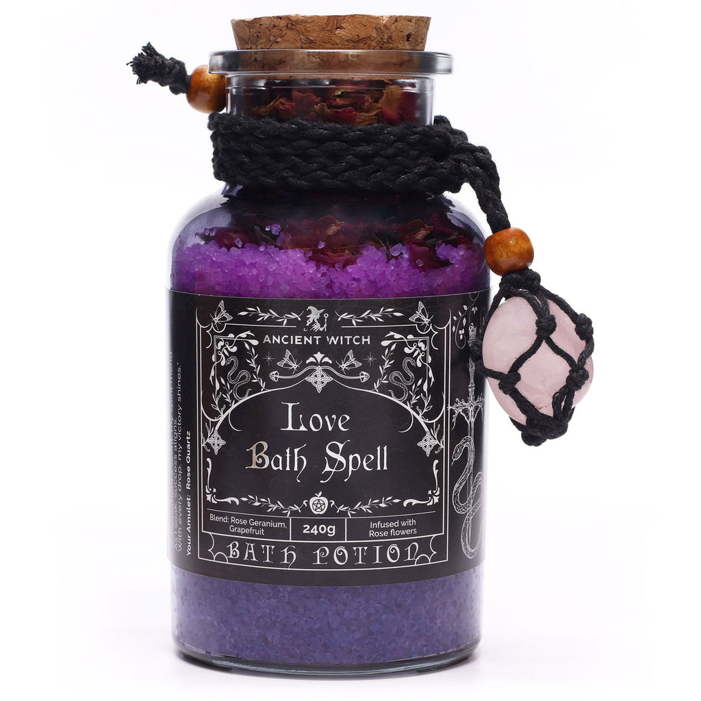 Bath potion labeled 'Love Bath Spell' with a decorative label on a white background