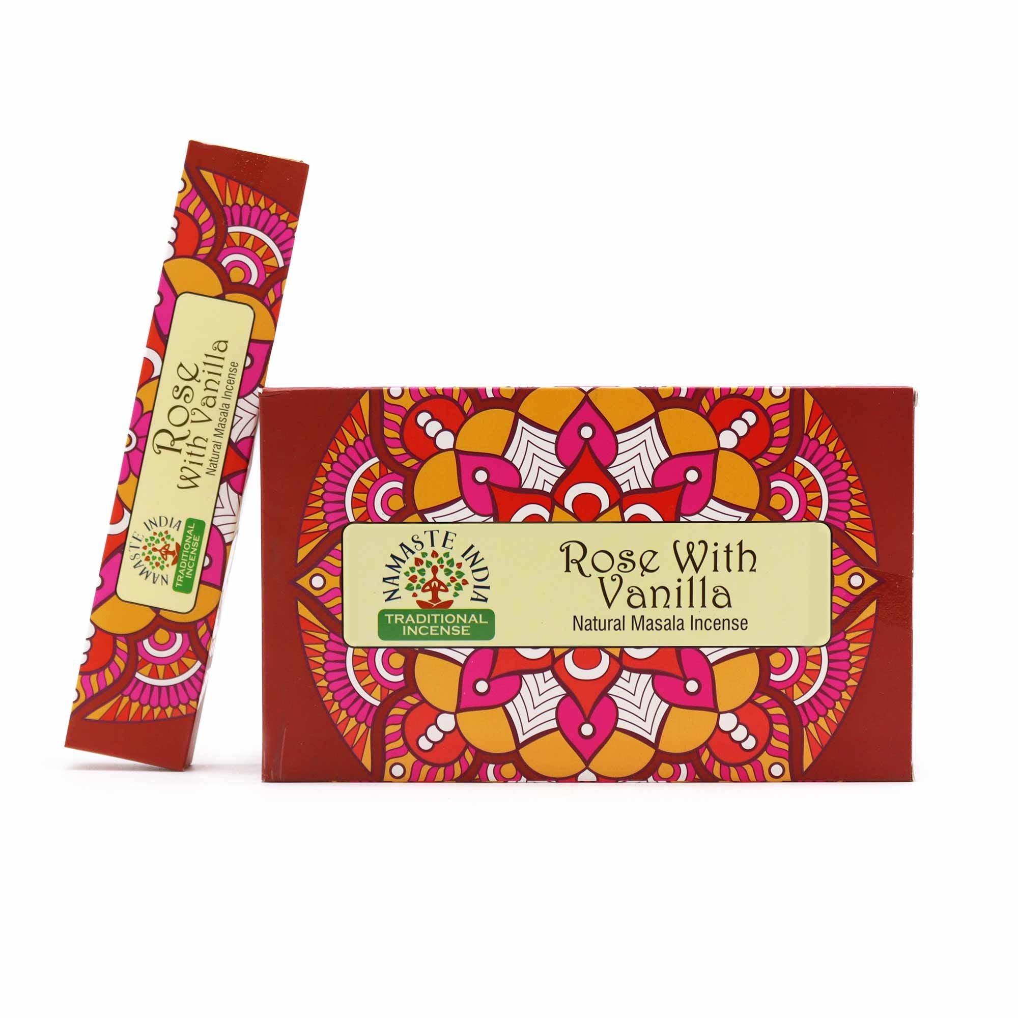 Incense stick packaging with colorful design and 'Rose With Vanilla' text on a white background