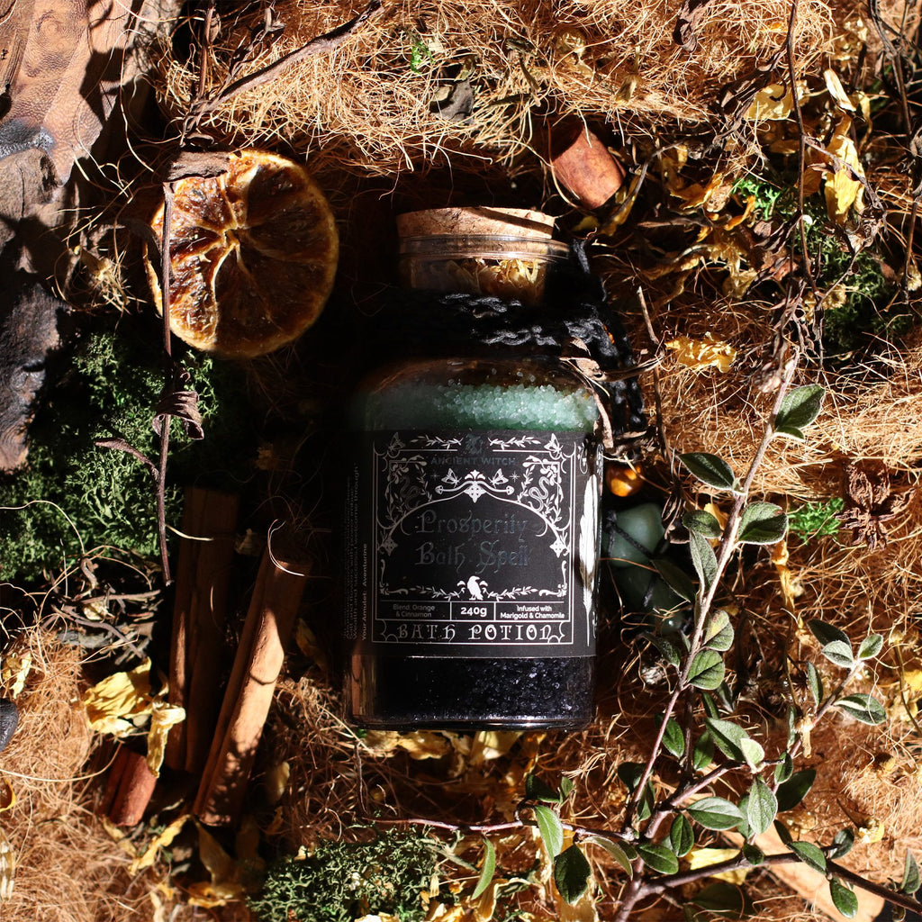Vintage-style potion bottle with decorative label on a natural background