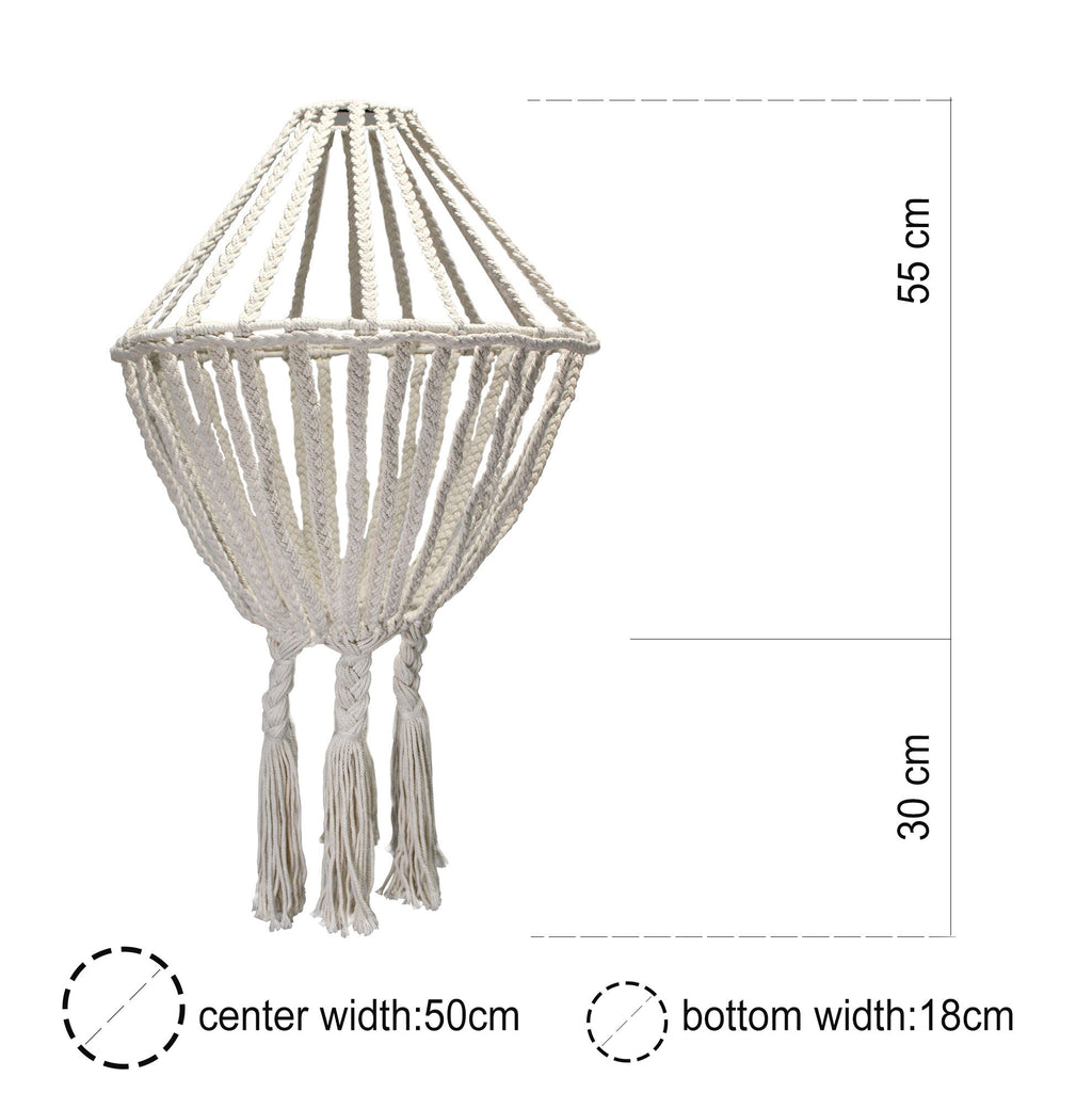 Macrame wall hanging with dimensions on a white background