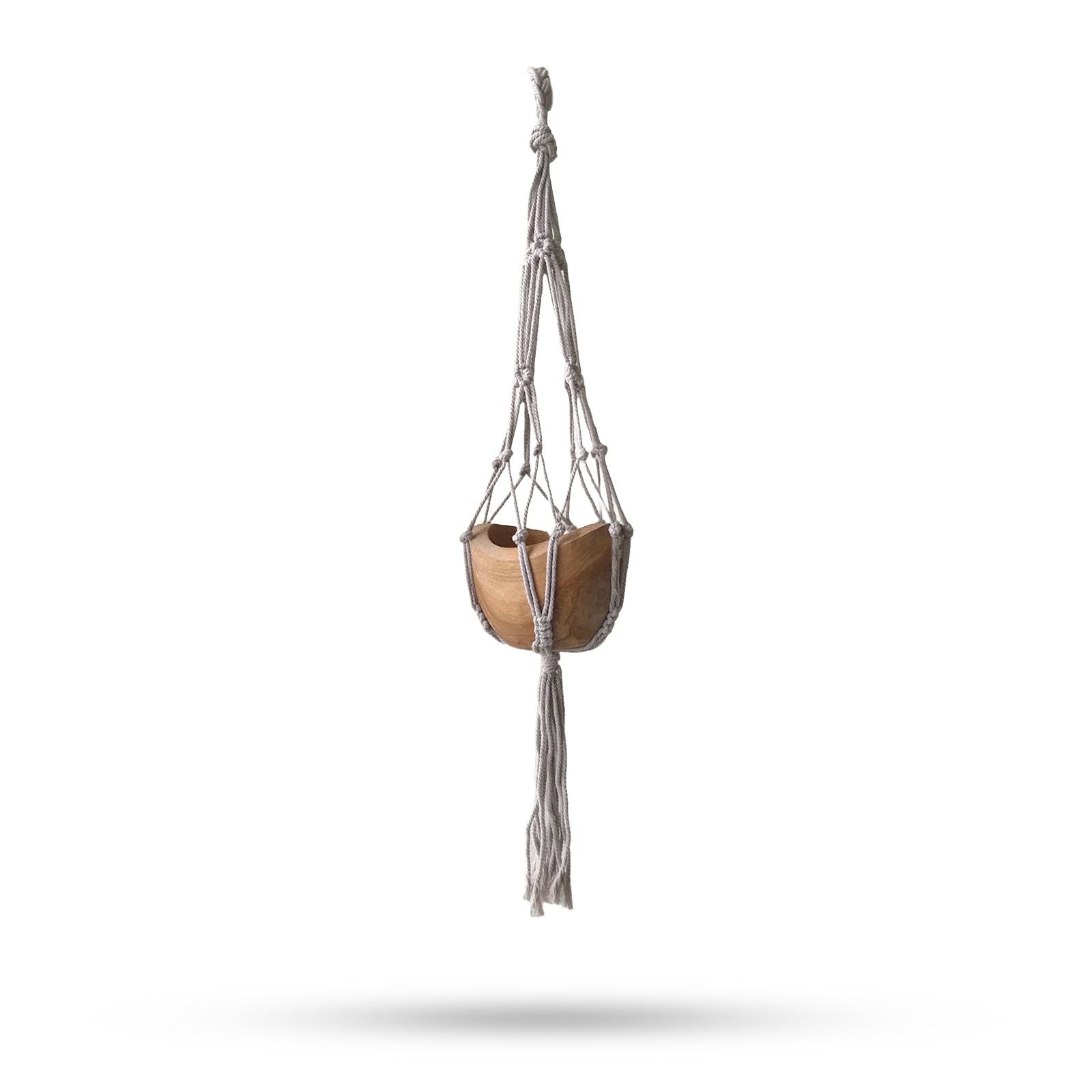 Hanging plant holder with a wooden planter on a white background