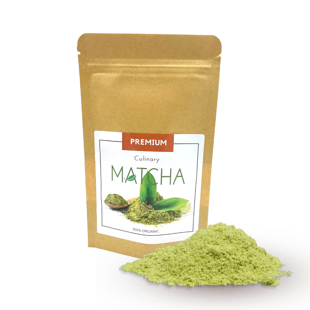 Gold packaging of premium culinary matcha with green powder on a white background