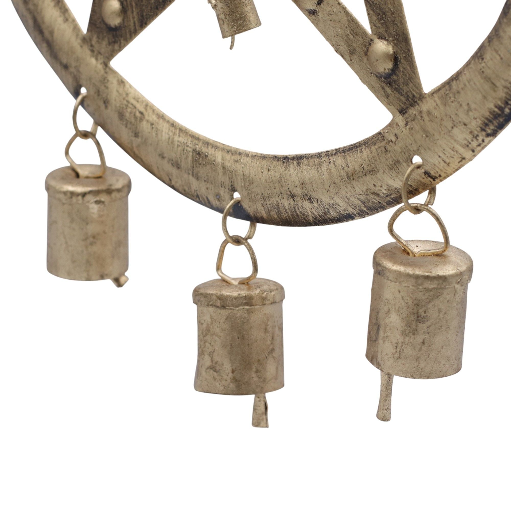 Decorative metal wall hanging with circular design and hanging cylindrical elements on a white background