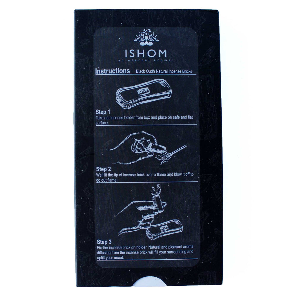 Black card with instructions for using ISHOM incense bricks on a white background