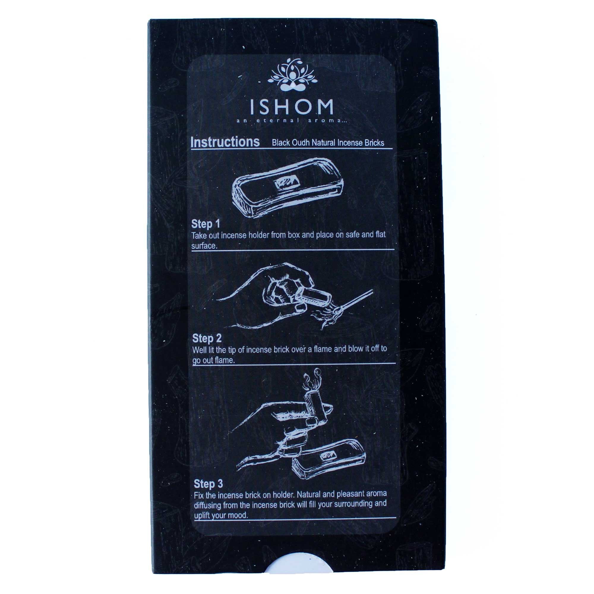 Black card with instructions for using ISHOM incense bricks on a white background