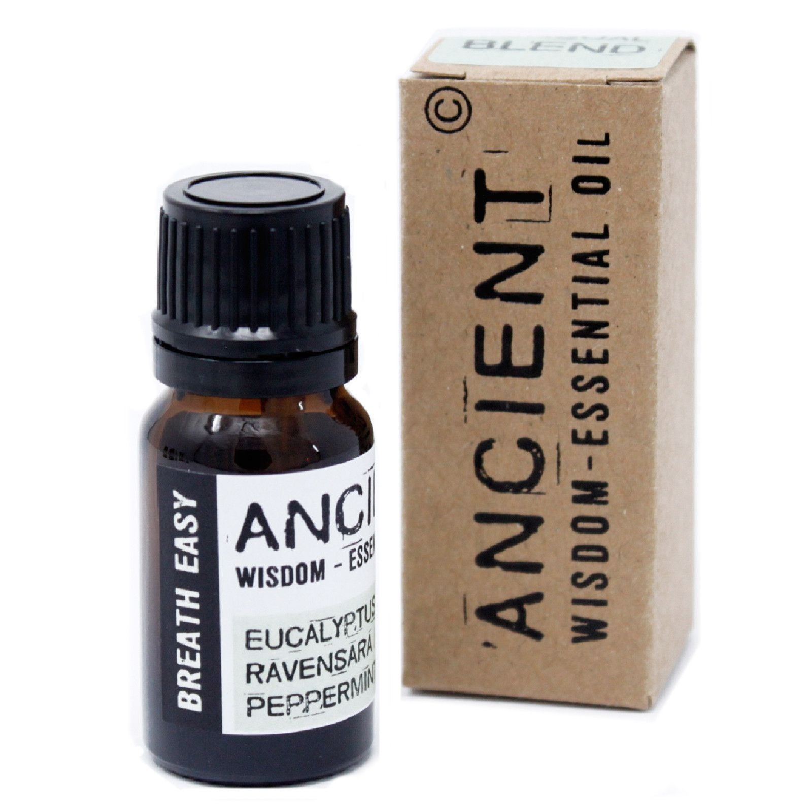 Essential oil bottle with black cap and label next to a cardboard box labeled 'Ancient Wisdom Essential Oil' on a white background.