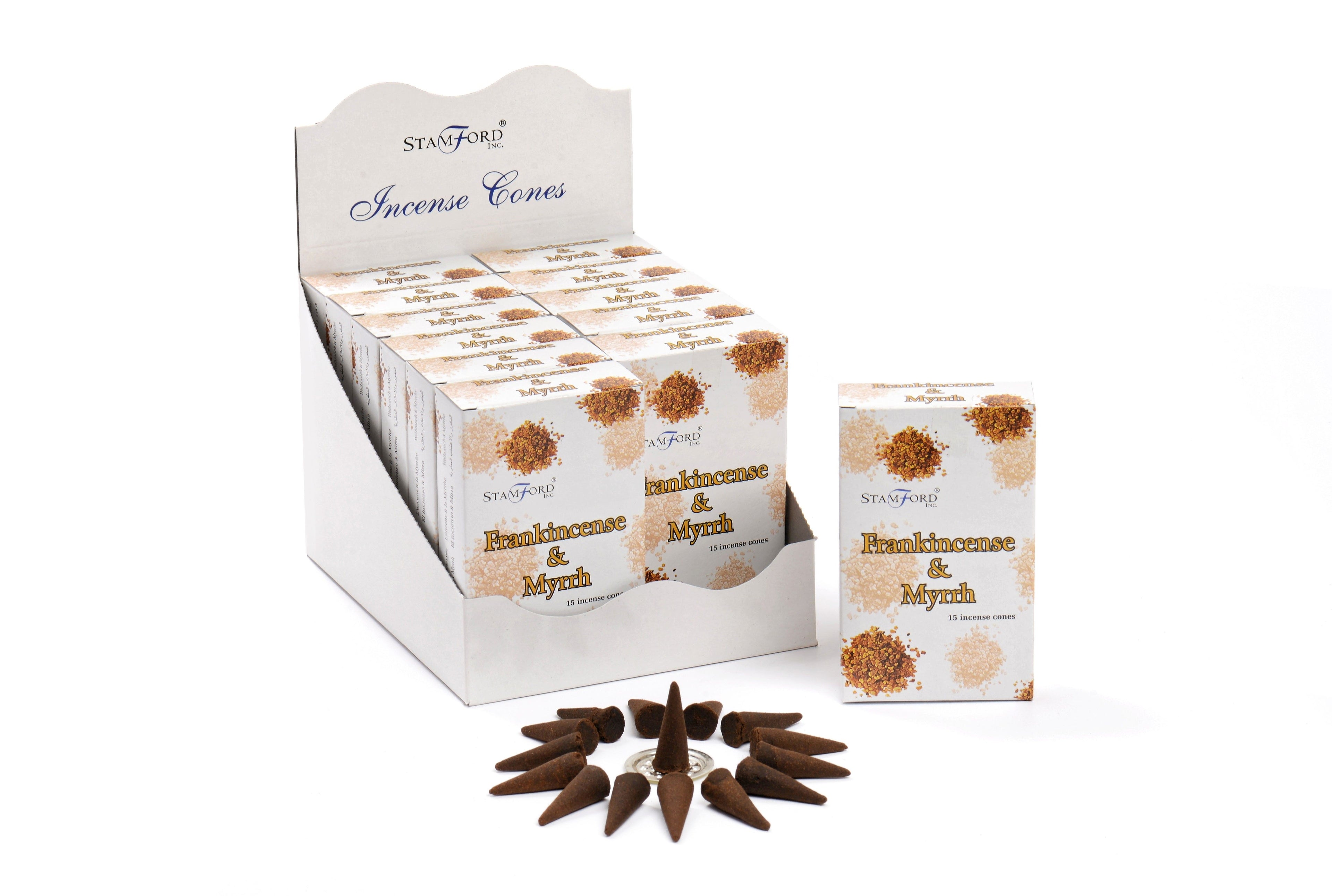 Box of Stamford incense cones with a few cones displayed in front on a white background