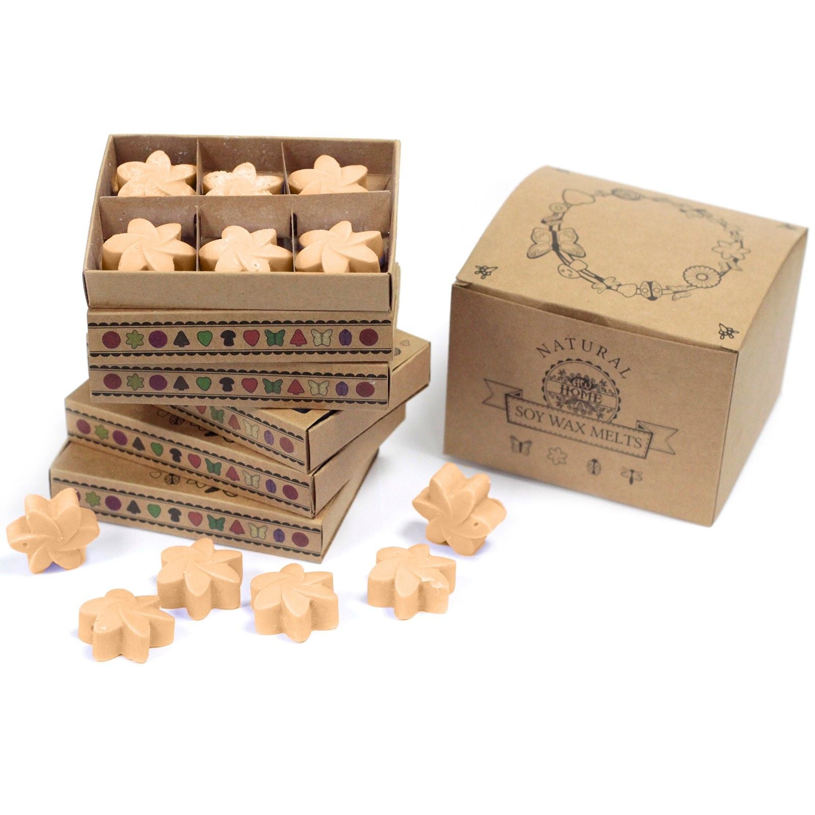 Star-shaped soy wax melts in cardboard boxes with a branded box on a white background
