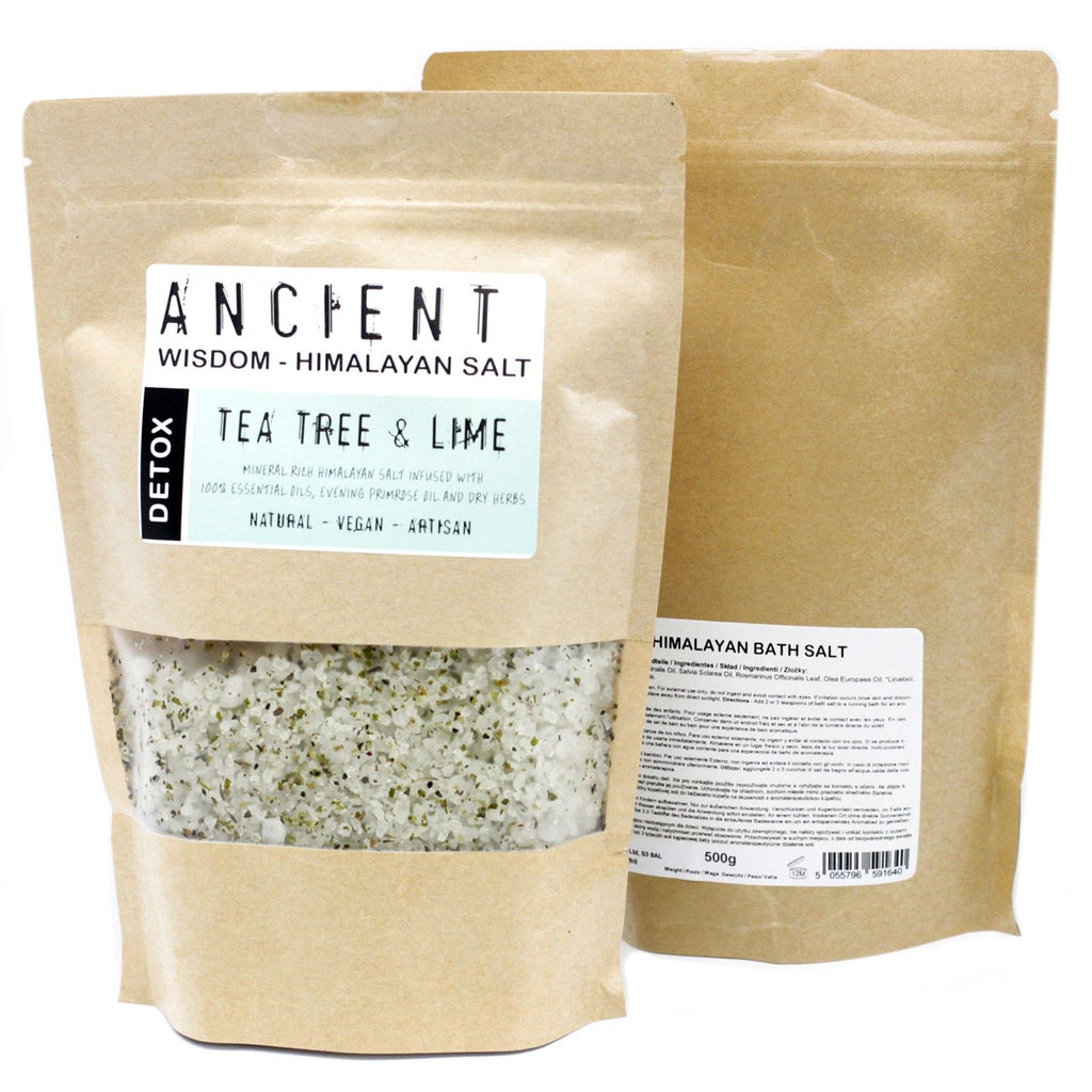 Two packages of Himalayan bath salt with labels on a white background