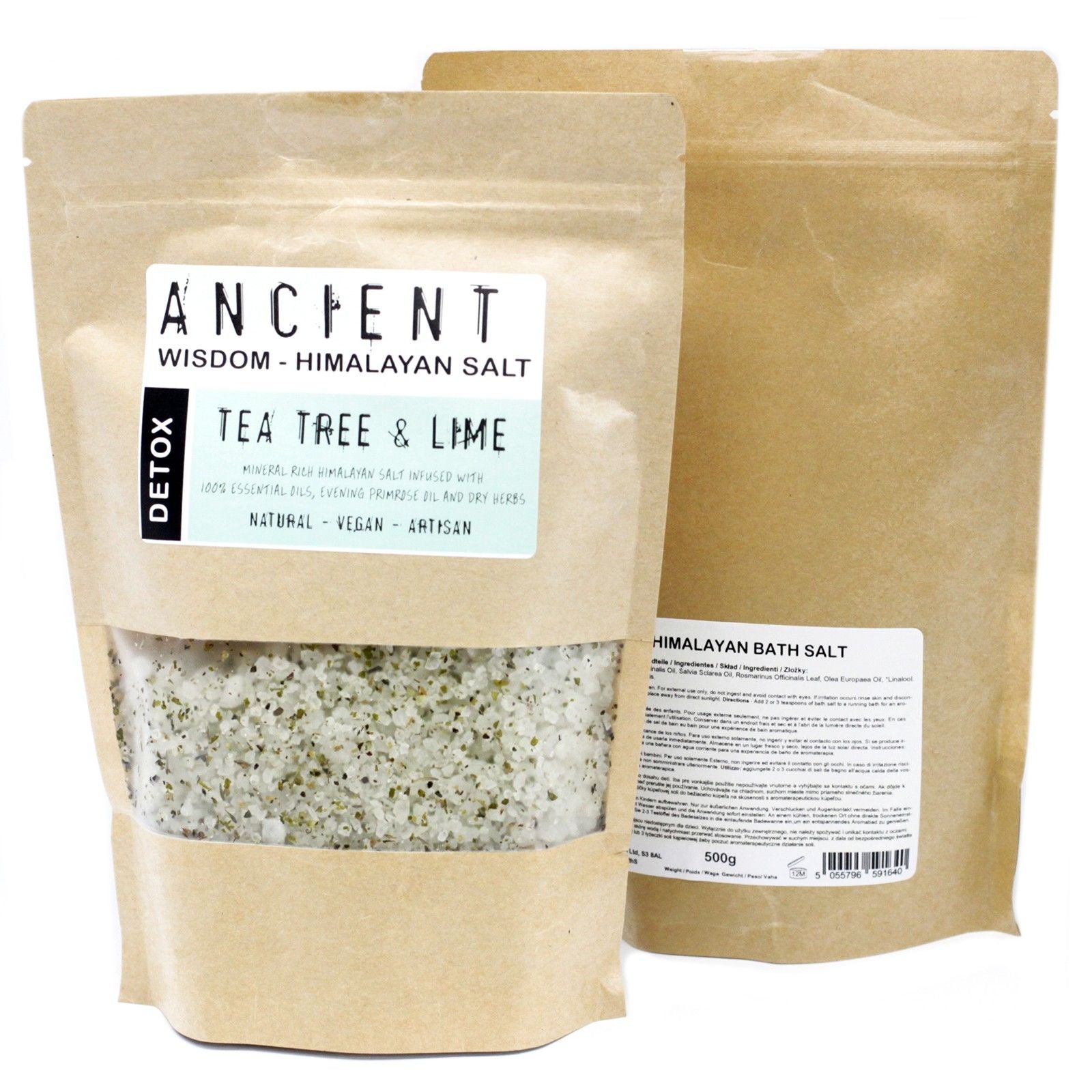 Two packages of Himalayan bath salt with labels on a white background