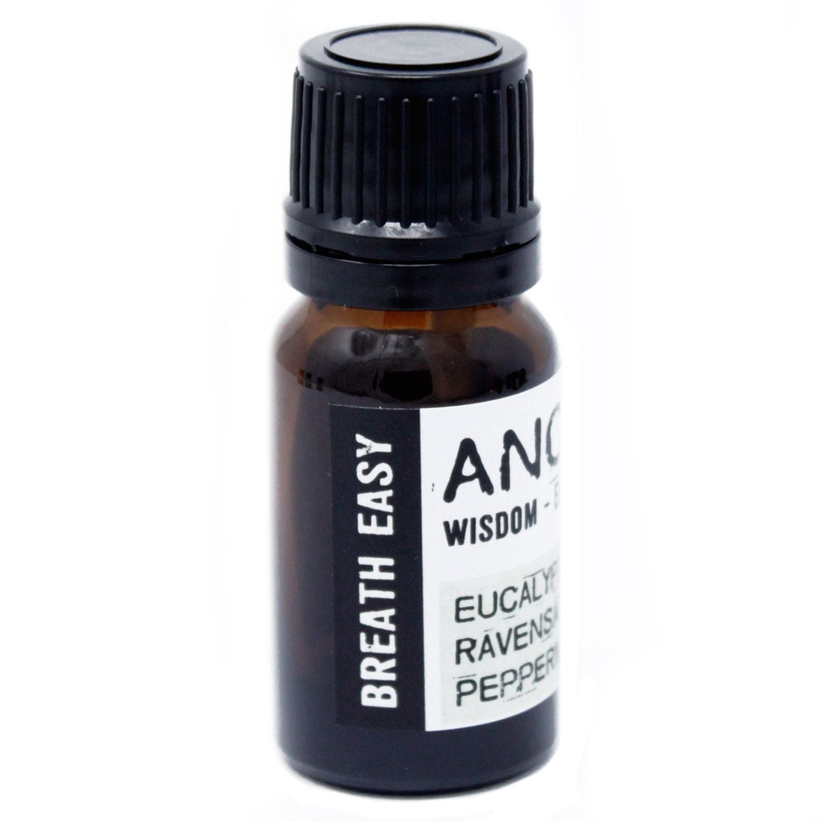 Small amber glass bottle with a black cap on a white background