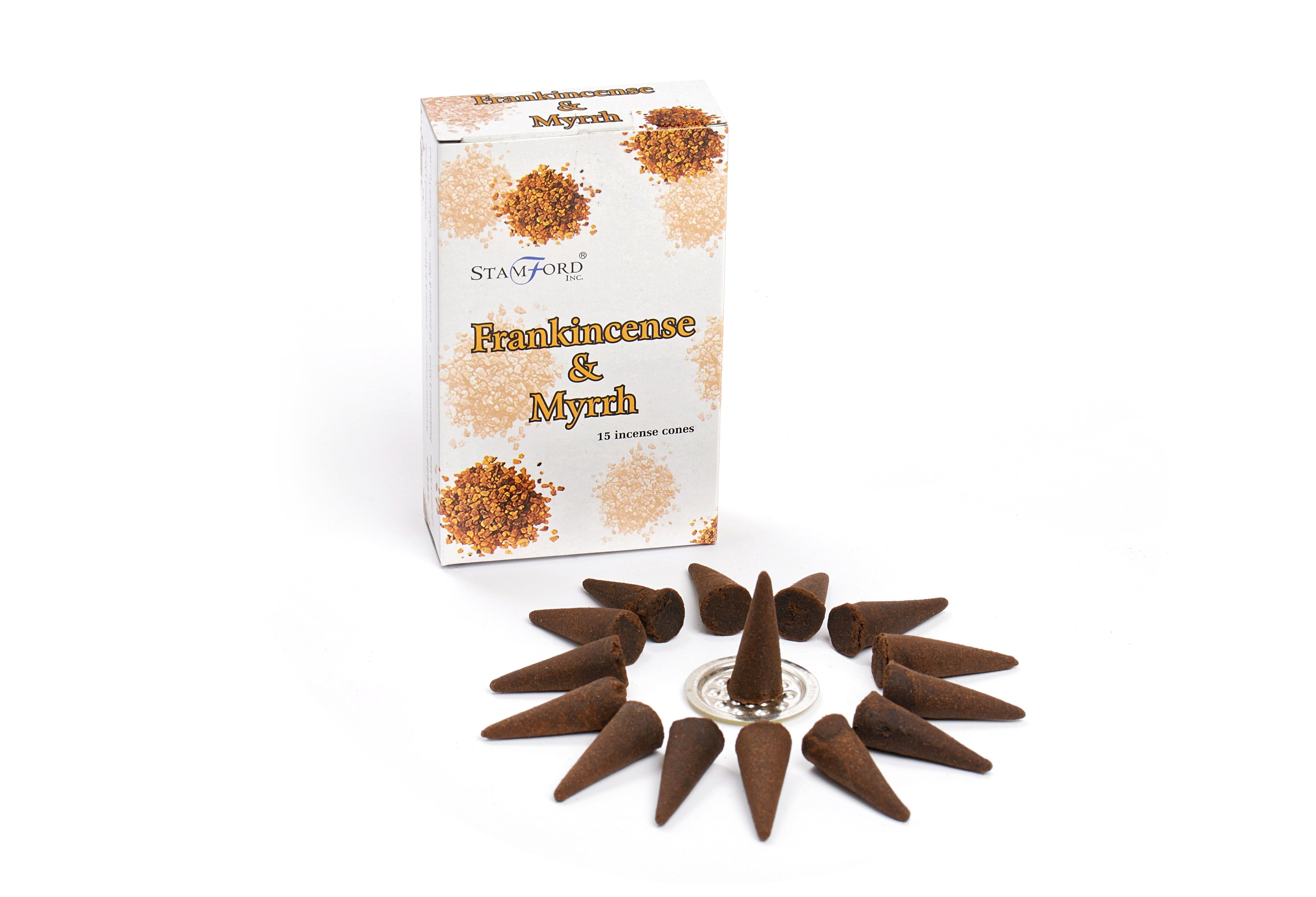 Incense cones with Stamford Frankincense & Myrrh packaging on a white background