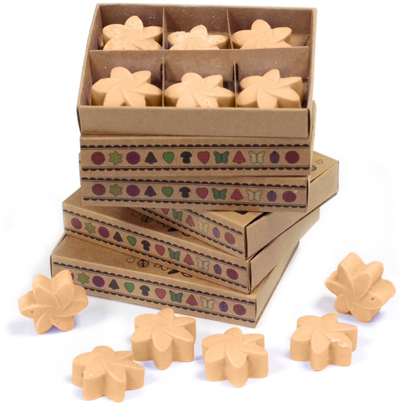 Star-shaped wooden toys with packaging on a white background