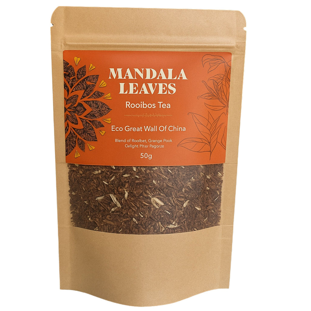 Mandala Leaves Rooibos Tea package with orange label on a white background