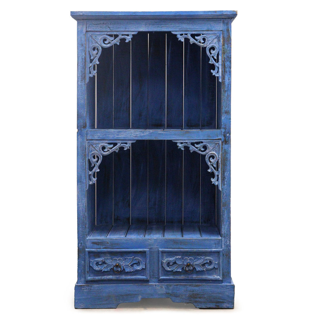 Blue wooden cabinet with intricate carvings on a white background