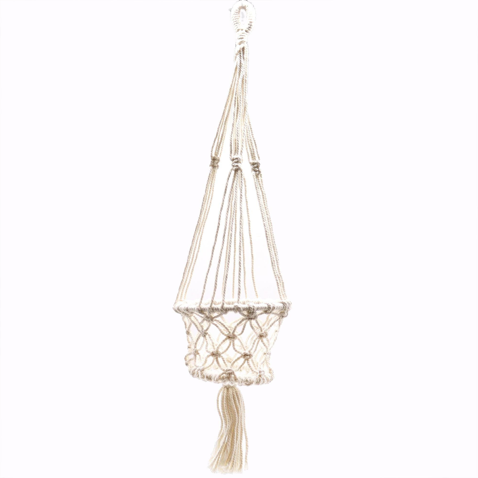 Macrame plant hanger with tassel on a white background