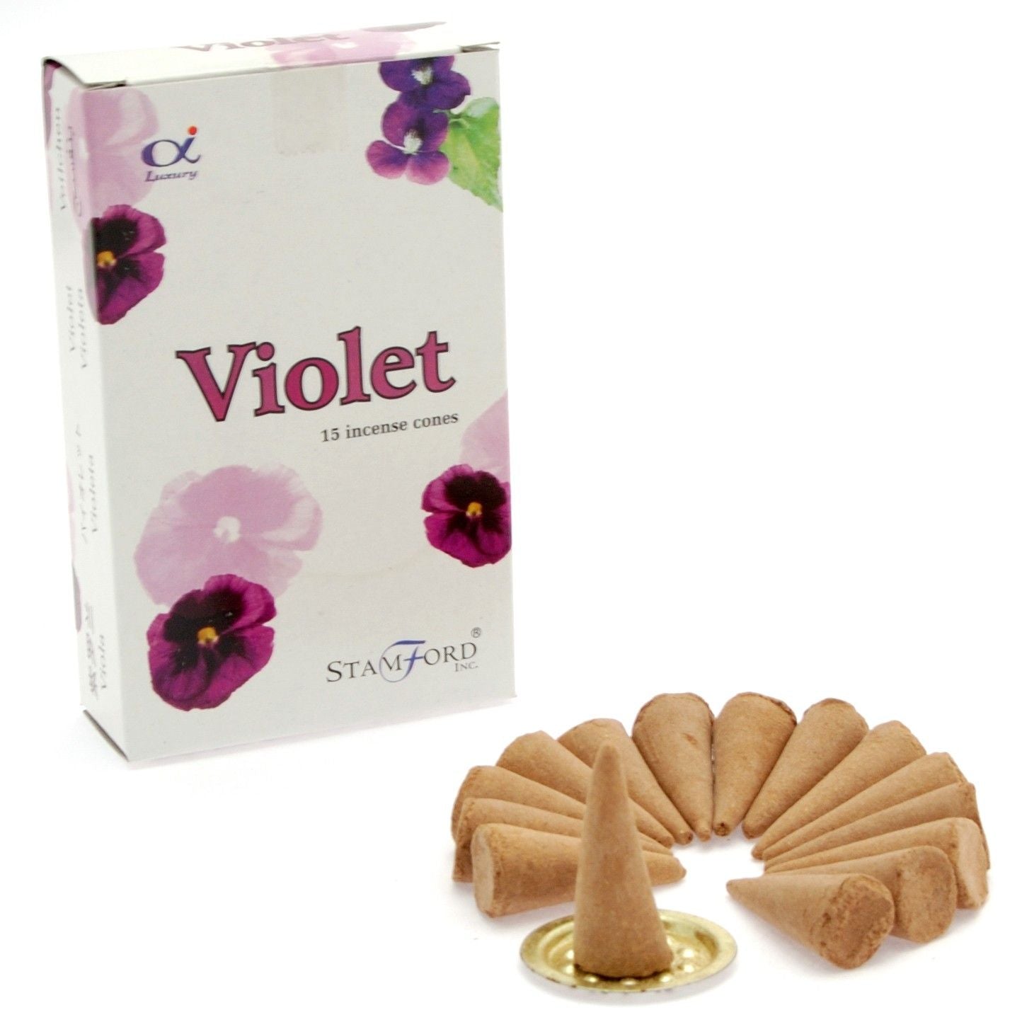 Violet incense cones with packaging on a white background