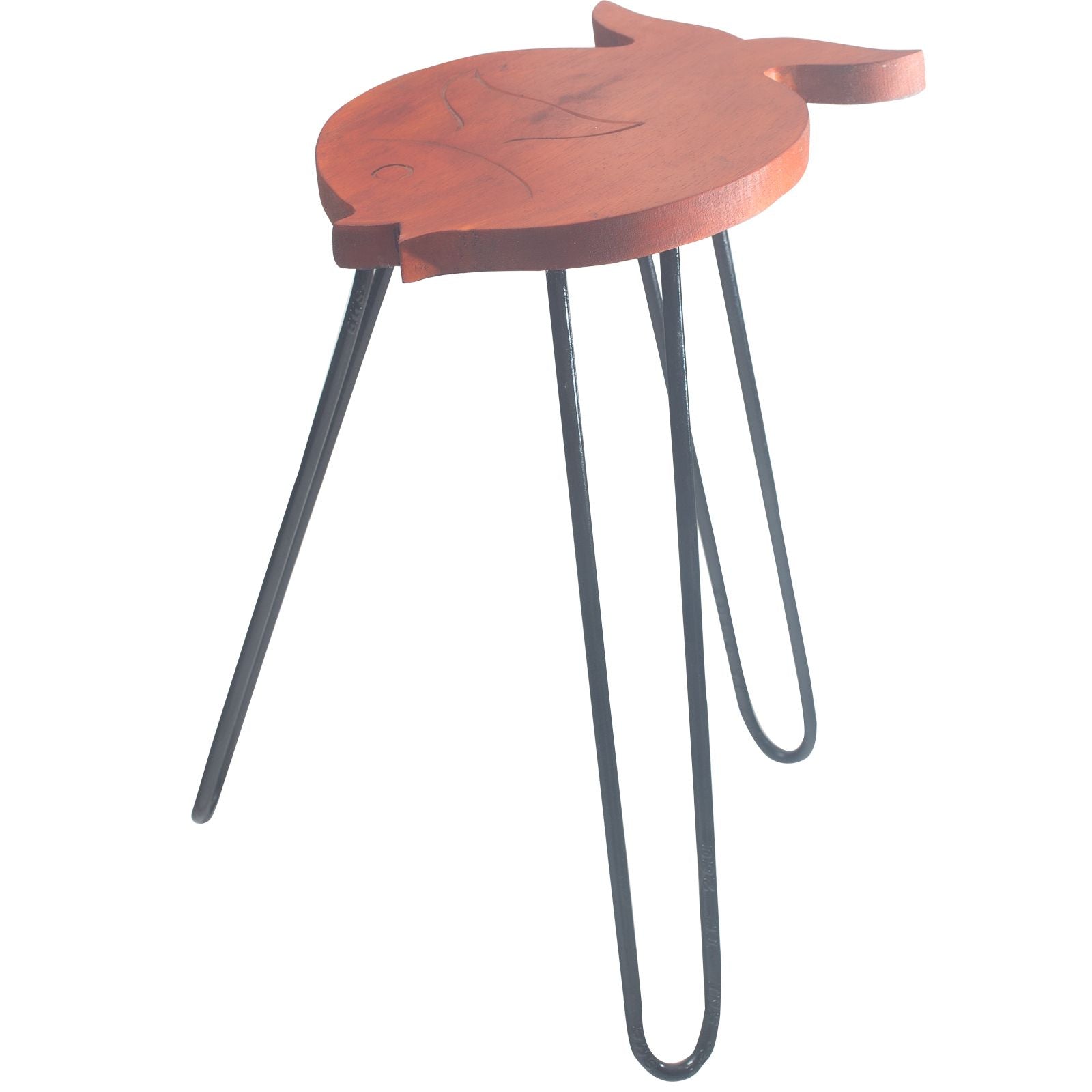 Wooden stool with metal hairpin legs on a white background