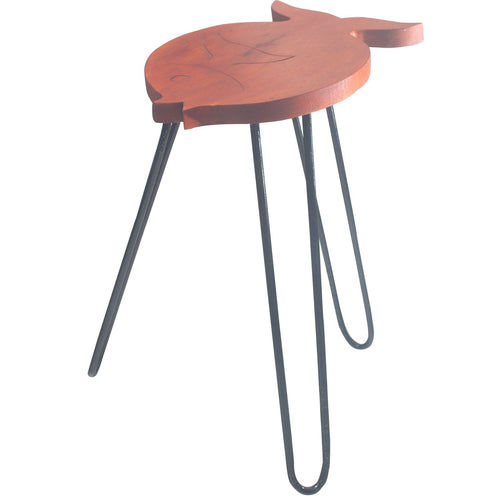 Wooden stool with metal hairpin legs on a white background