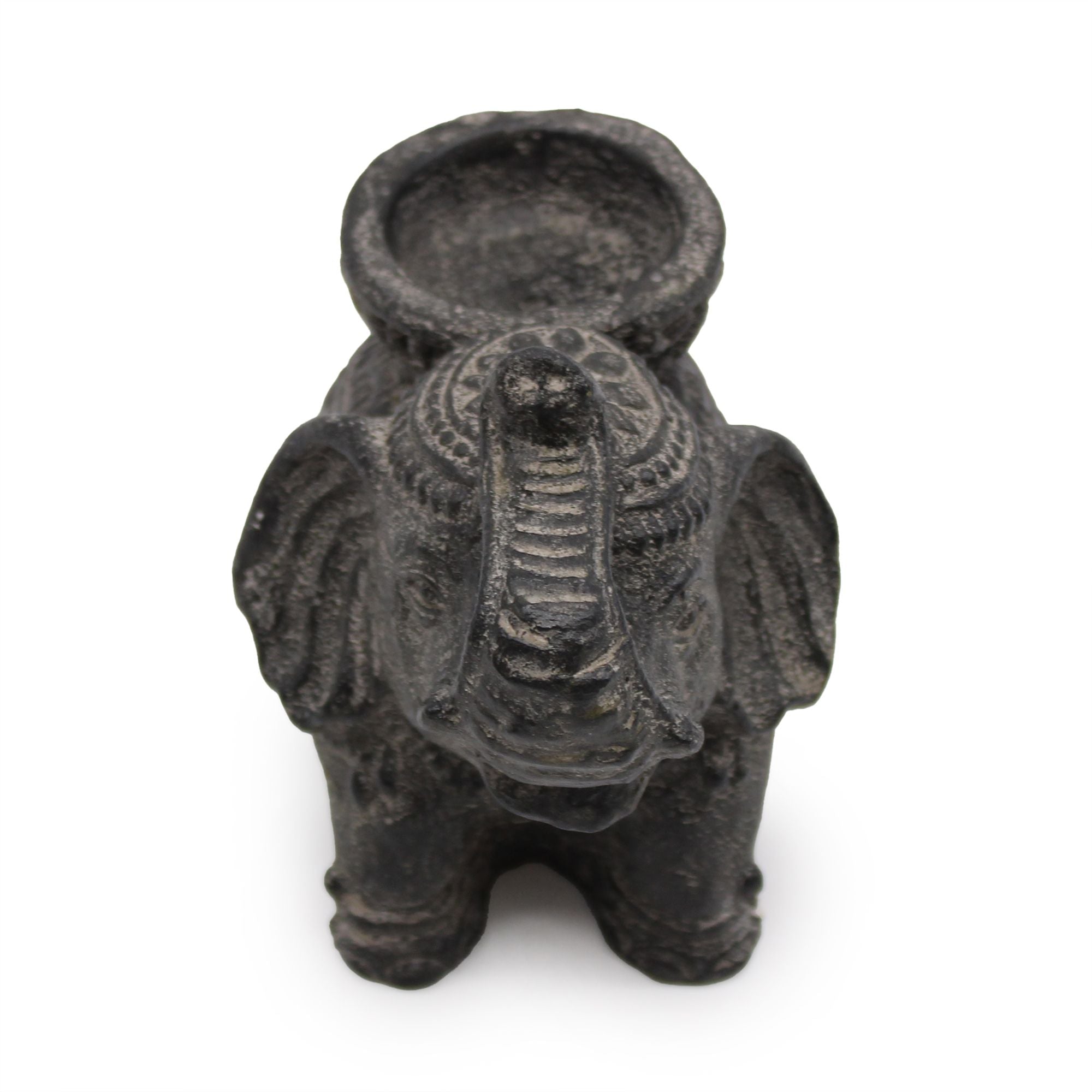 Black elephant-shaped oil lamp on a white background