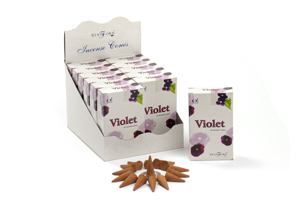 Box of Violet incense cones with individual cones displayed on a white background