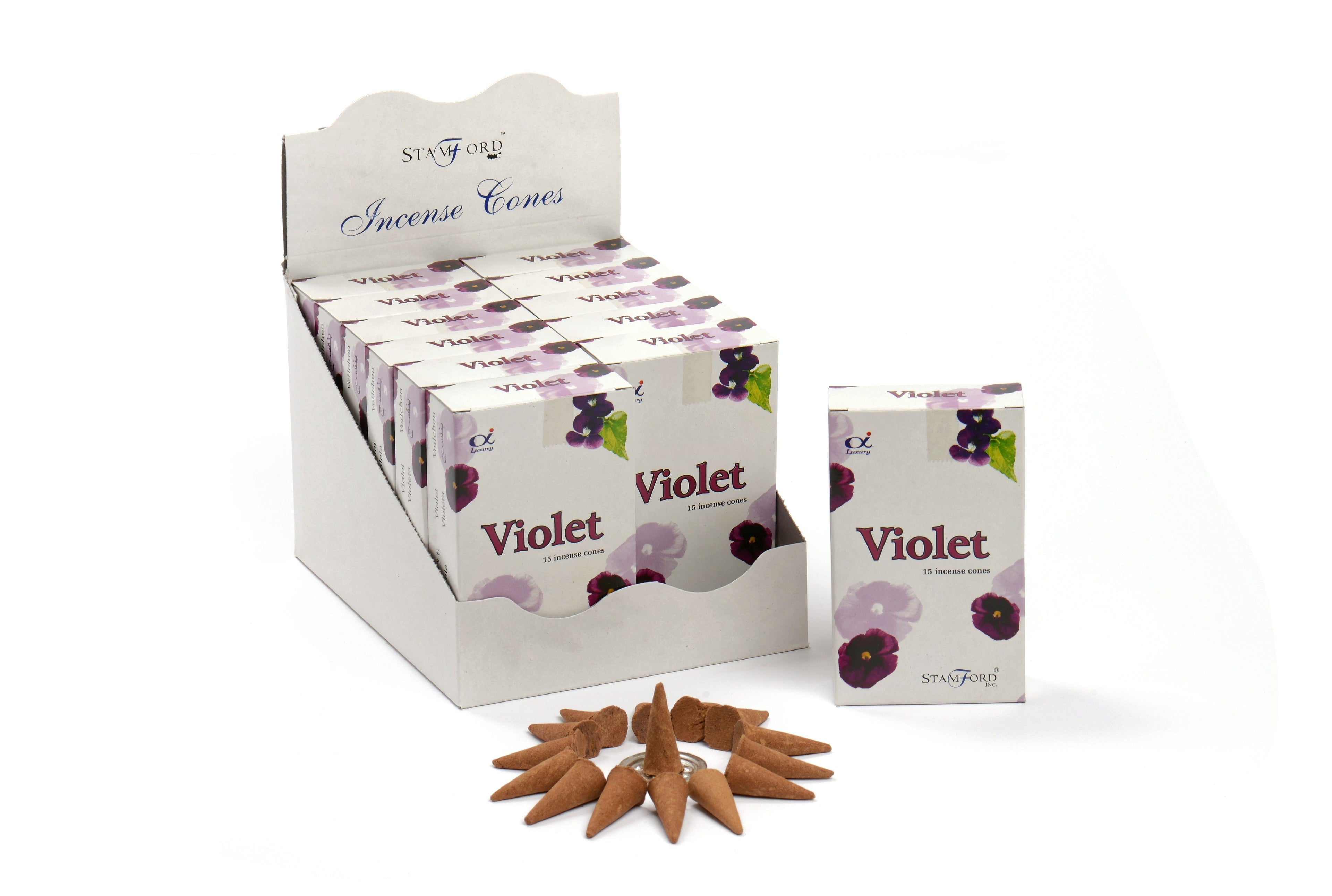 Box of Violet incense cones with individual cones displayed on a white background