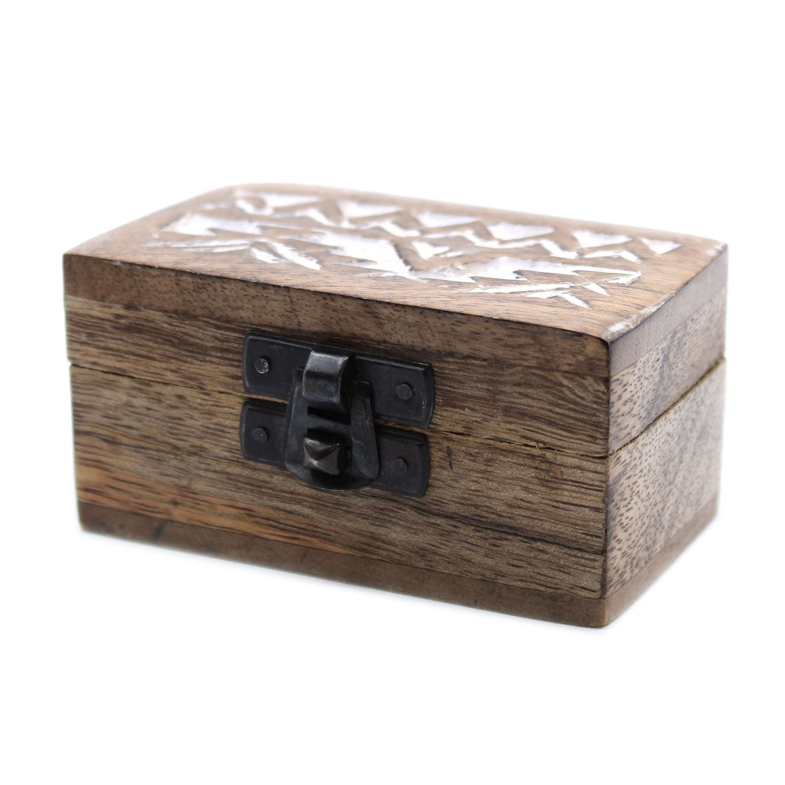 Wooden box with geometric pattern on lid and metal latch on a white background