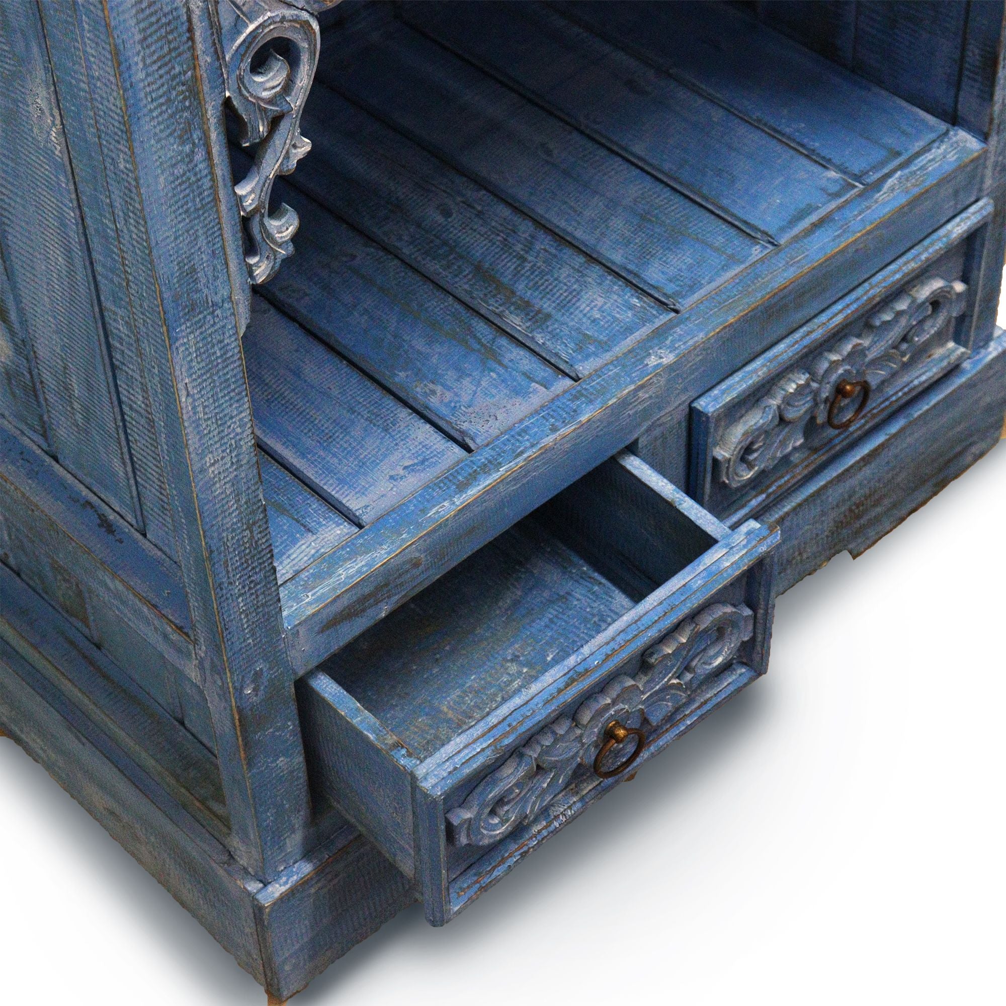 Blue wooden cabinet with drawers on a white background