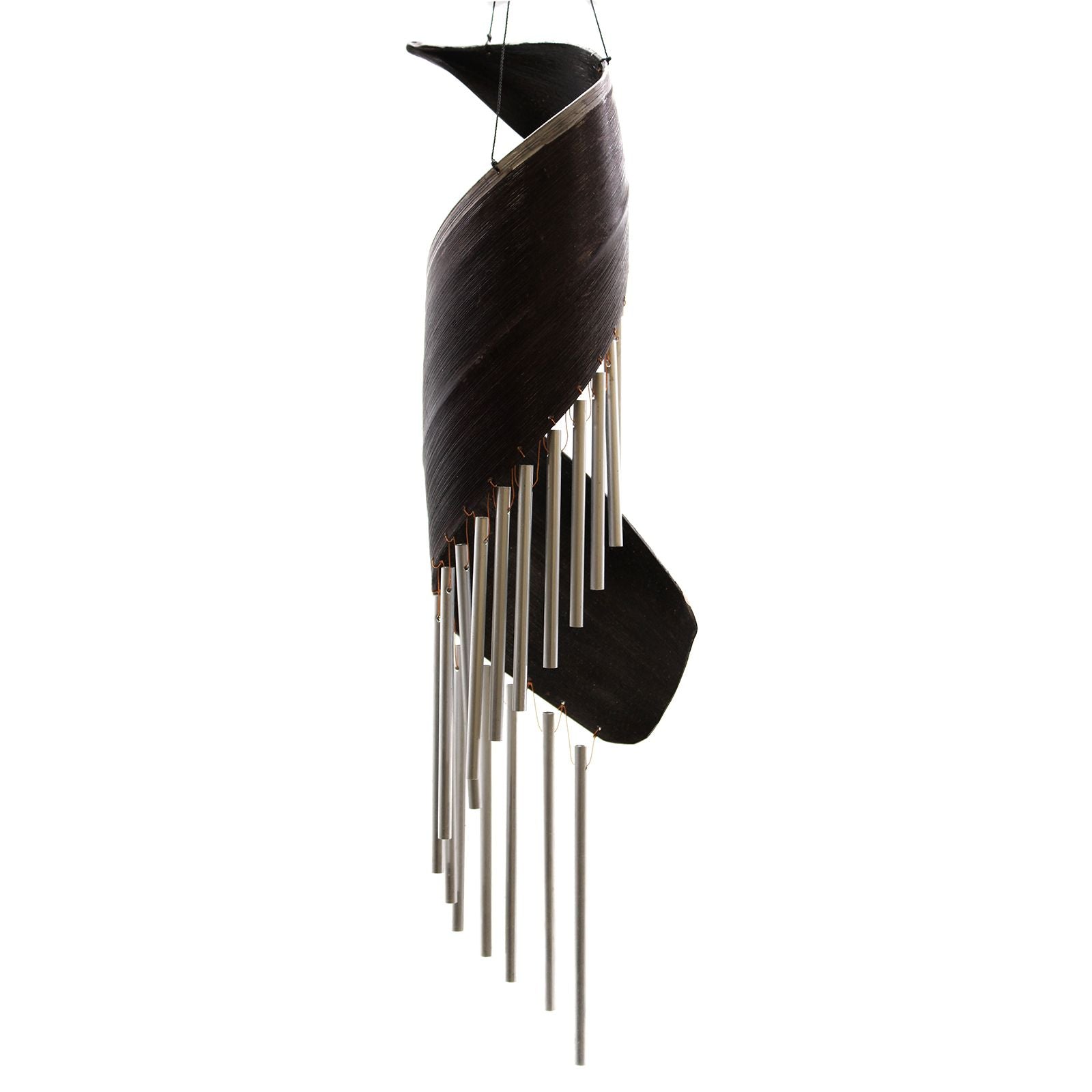 Decorative hanging sculpture with black twisted rod and silver cylindrical pendants on a white background
