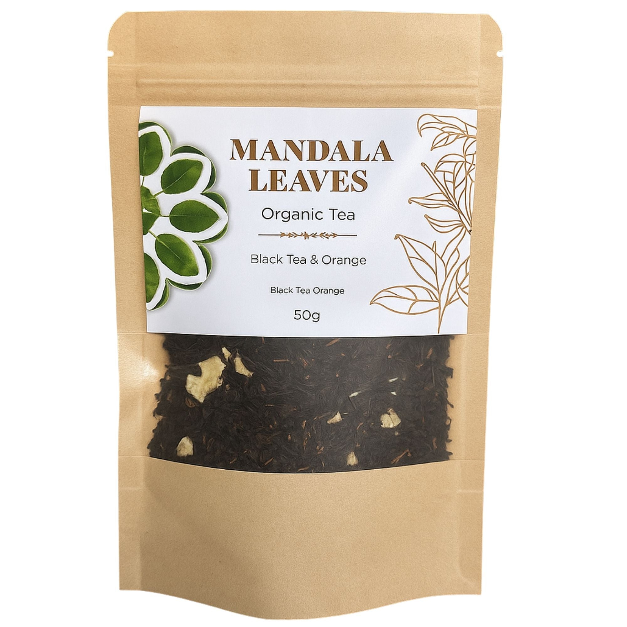 Tea package with 'Mandala Leaves' branding on a white background