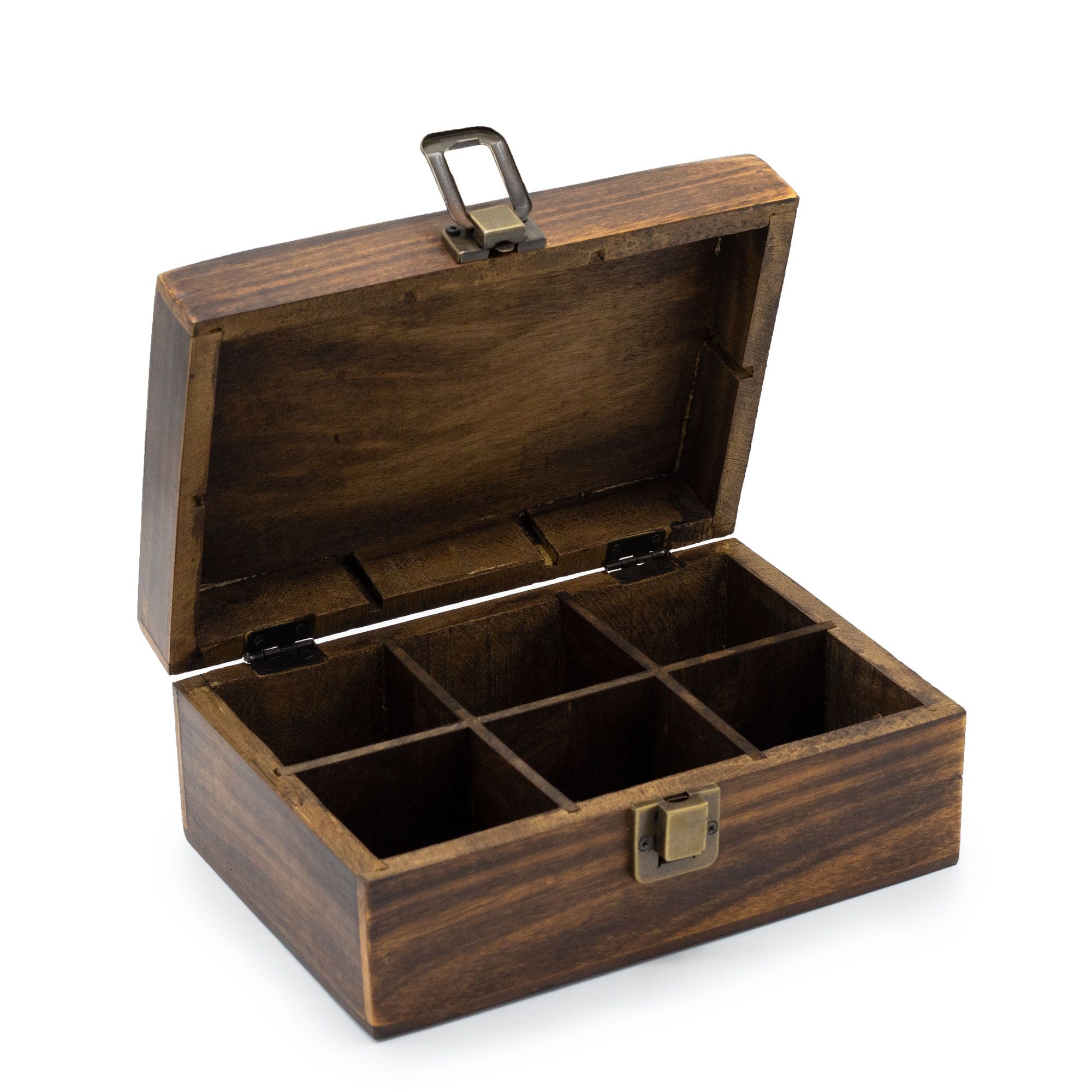 Wooden tea box with six compartments on a white background