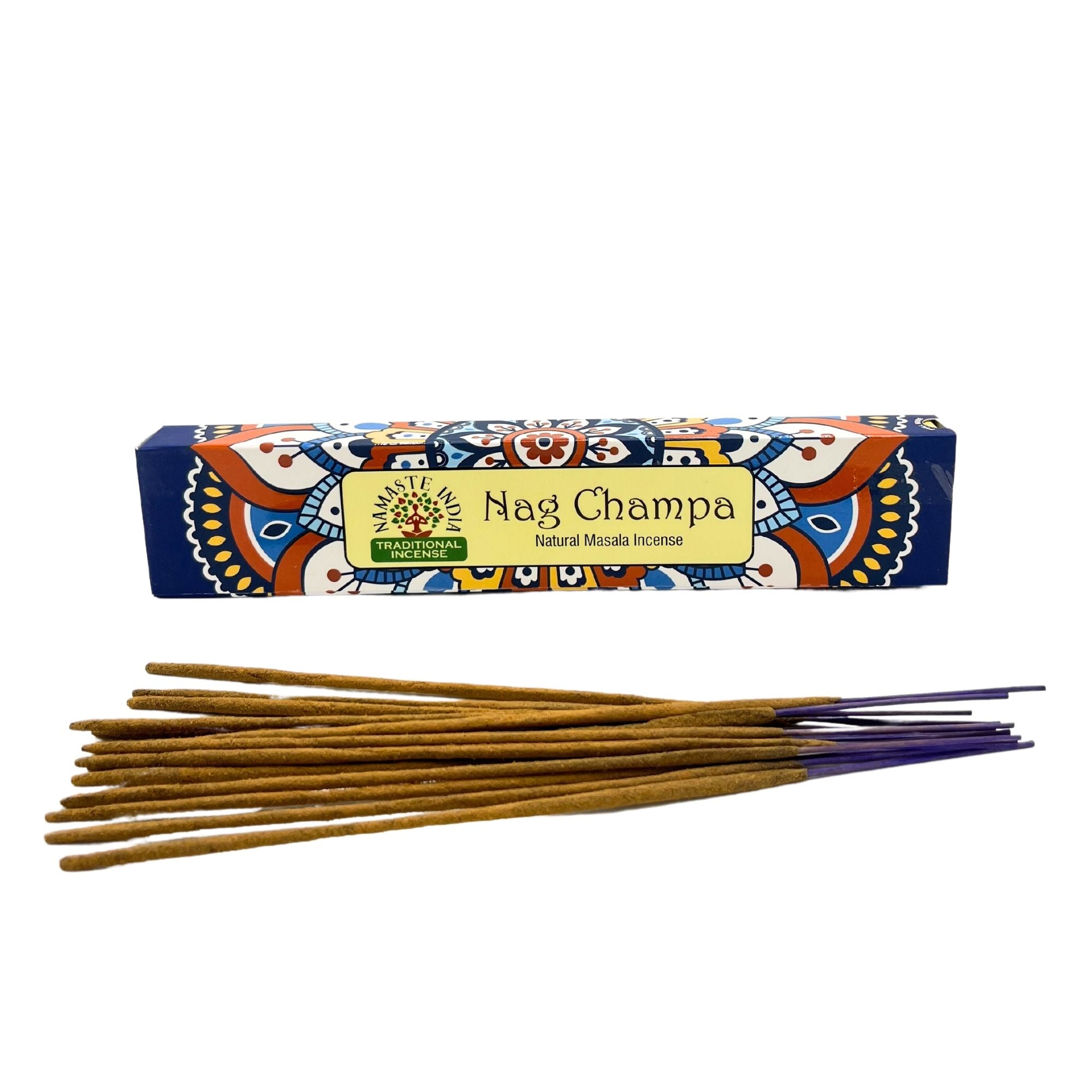 Nag Champa incense sticks with decorative box on a white background