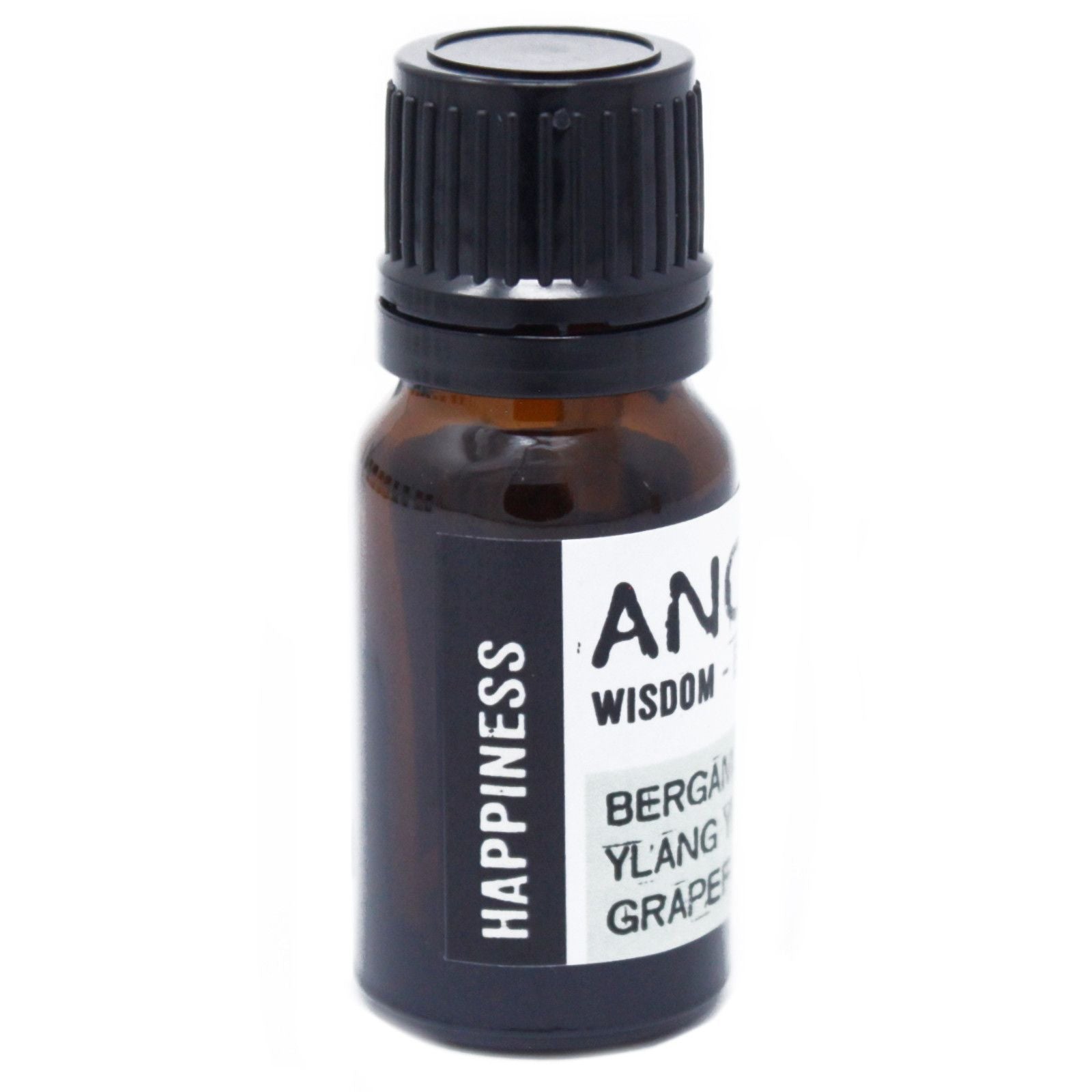 Small amber glass bottle with a black cap on a white background