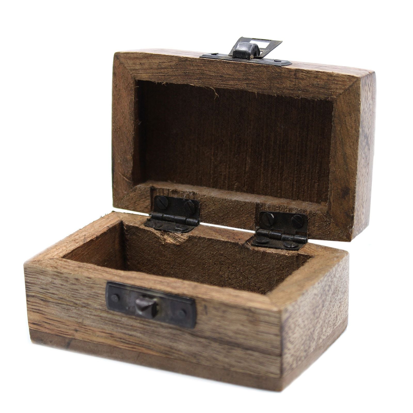Wooden jewelry box with metal clasp on a white background