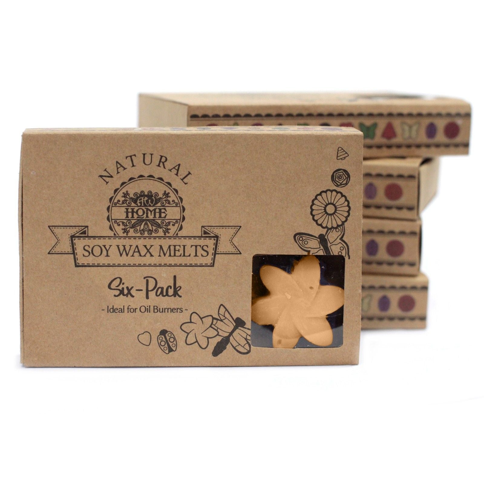 Box of Natural Home Soy Wax Melts with a star-shaped wax melt on a white background
