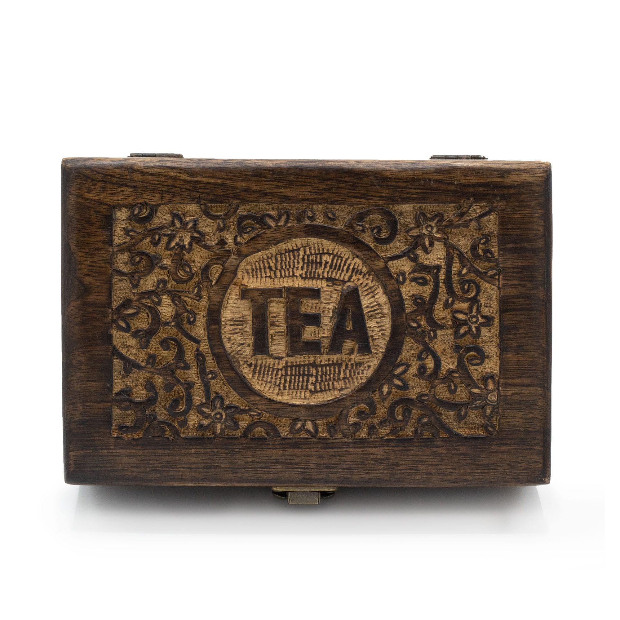 Wooden tea box with decorative patterns and 'TEA' engraving on a white background