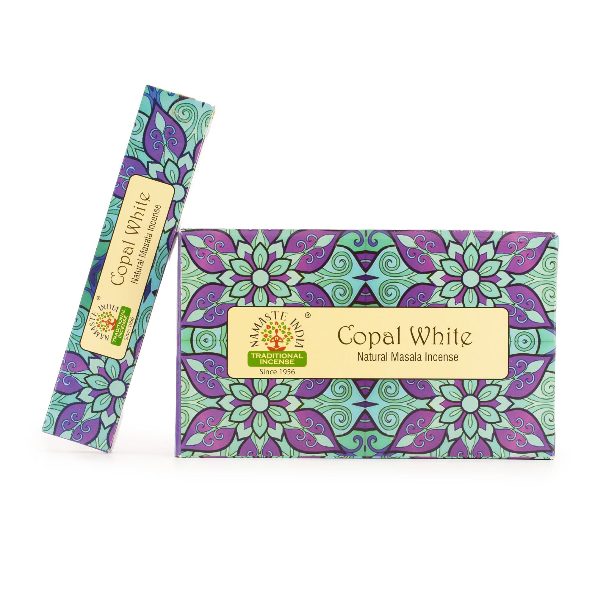 Copal White natural masala incense packaging with decorative design on a white background