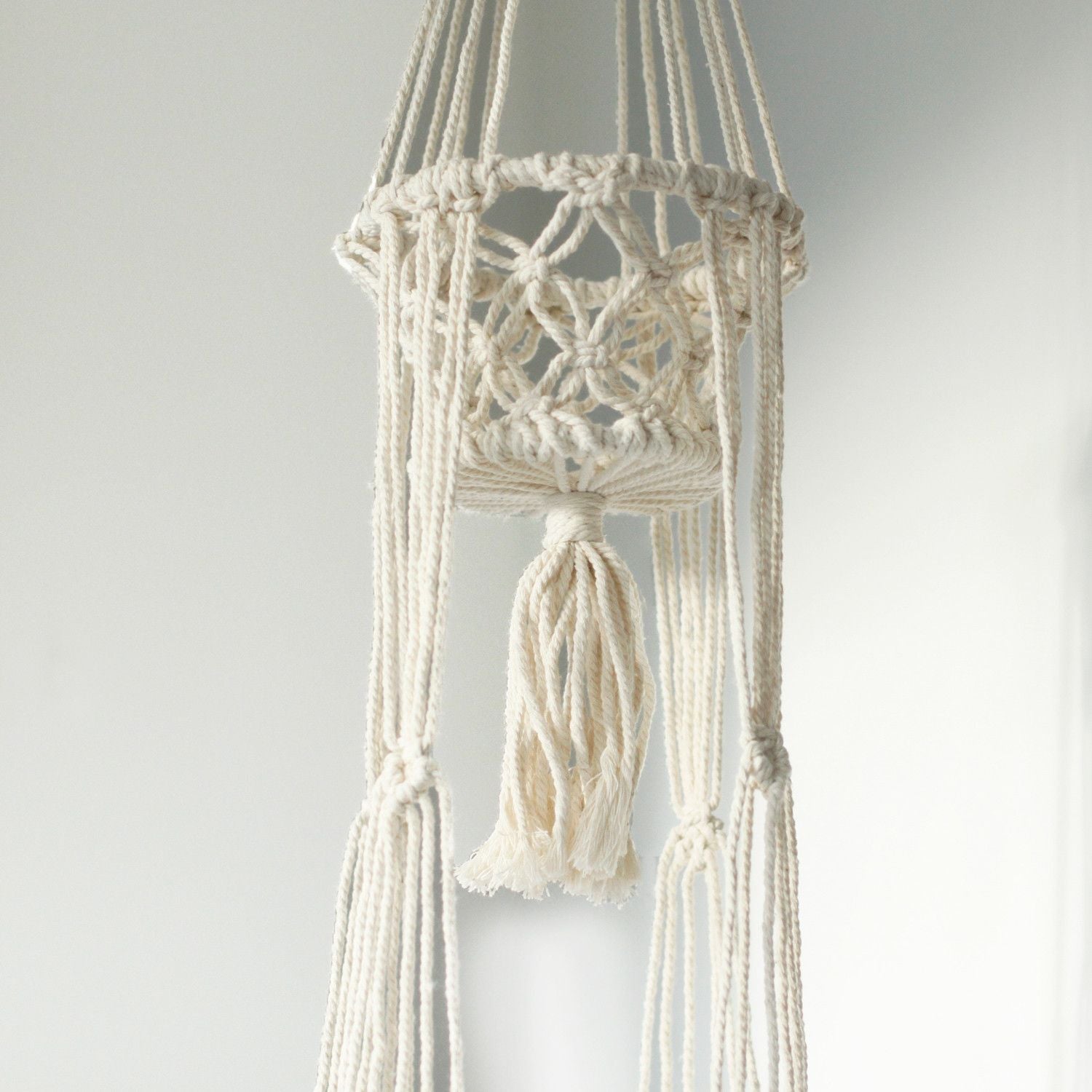 Macrame plant hanger with tassels on a plain background